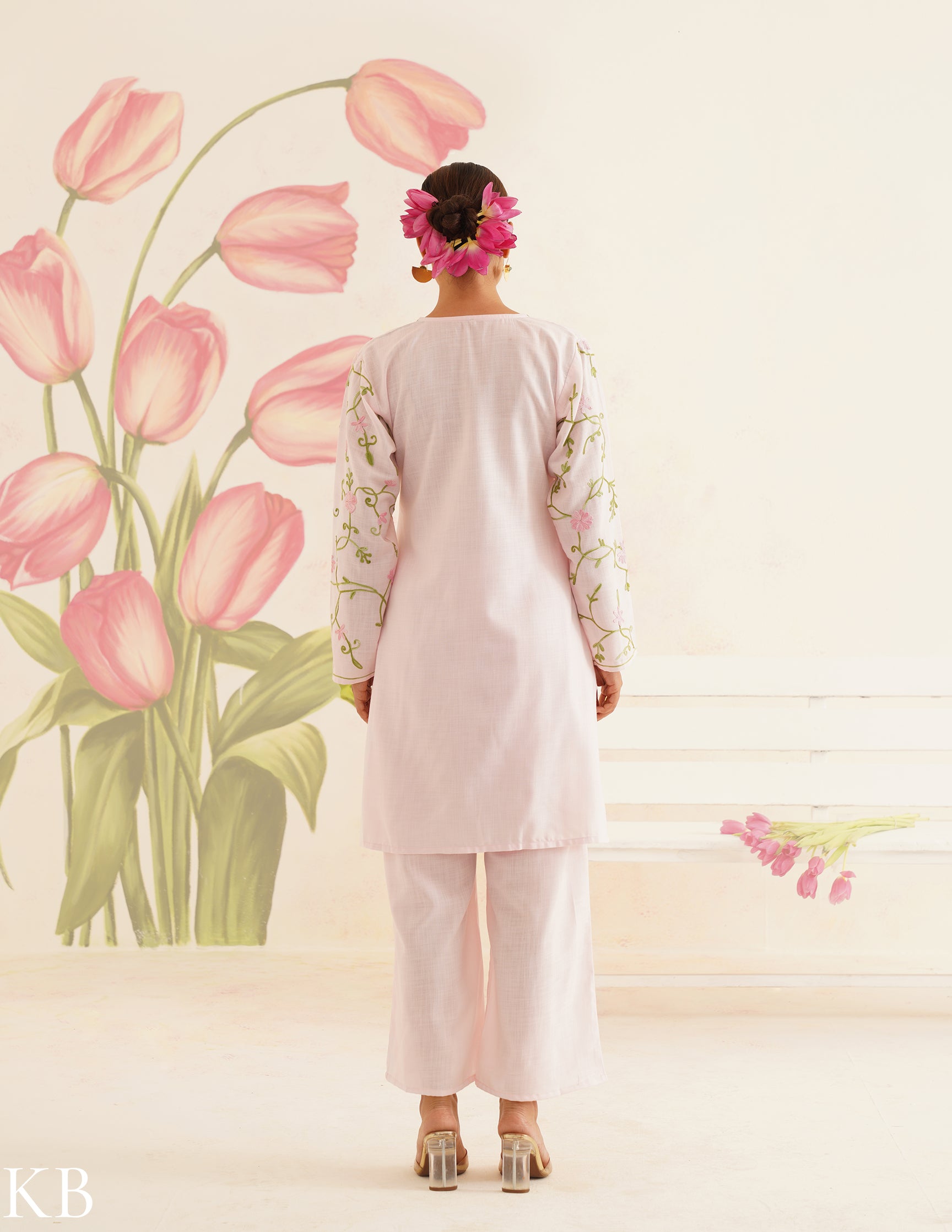 Baby Pink Cotton Coordset with Floral Embroidery | Bahaar Collection 2025 - Kashmir Box