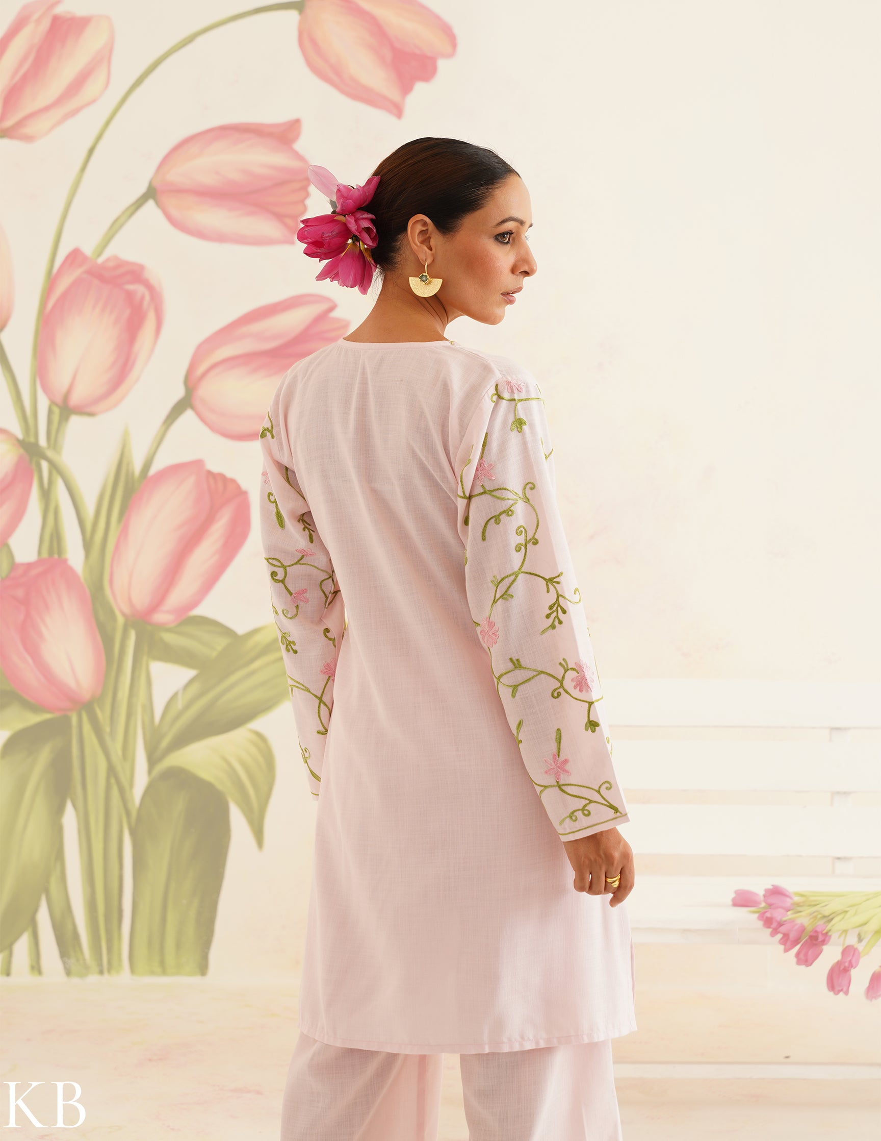 Baby Pink Cotton Coordset with Floral Embroidery | Bahaar Collection 2025 - Kashmir Box