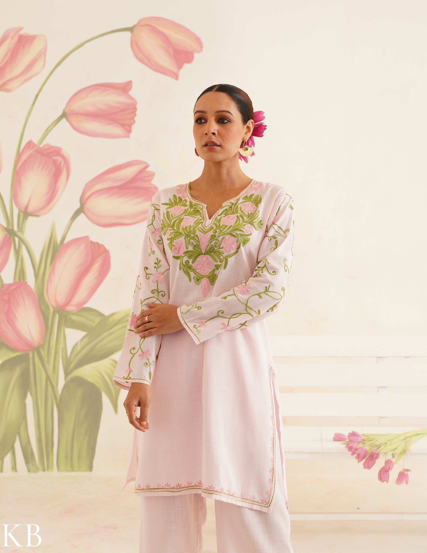 Baby Pink Cotton Coordset with Floral Embroidery | Bahaar Collection 2025 - Kashmir Box