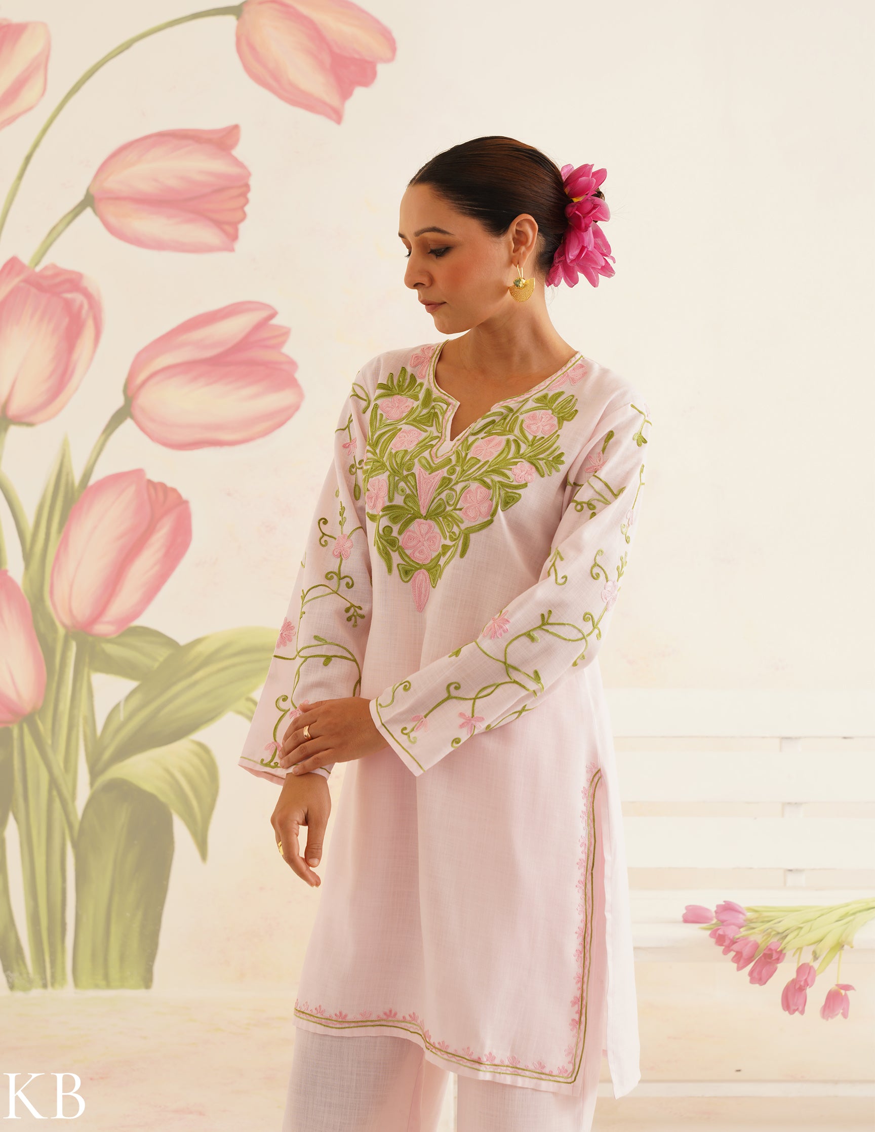 Baby Pink Cotton Coordset with Floral Embroidery | Bahaar Collection 2025 - Kashmir Box