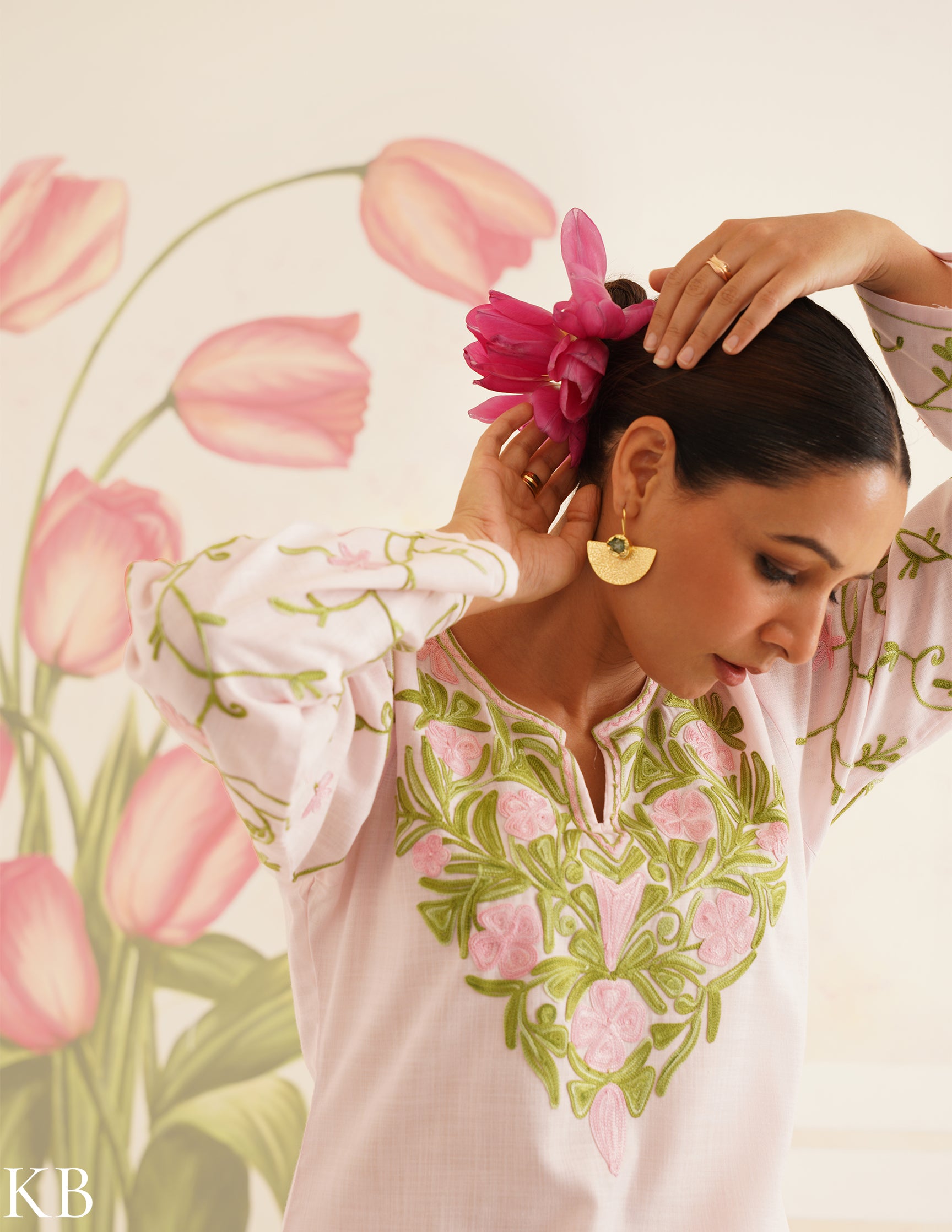 Baby Pink Cotton Coordset with Floral Embroidery | Bahaar Collection 2025 - Kashmir Box