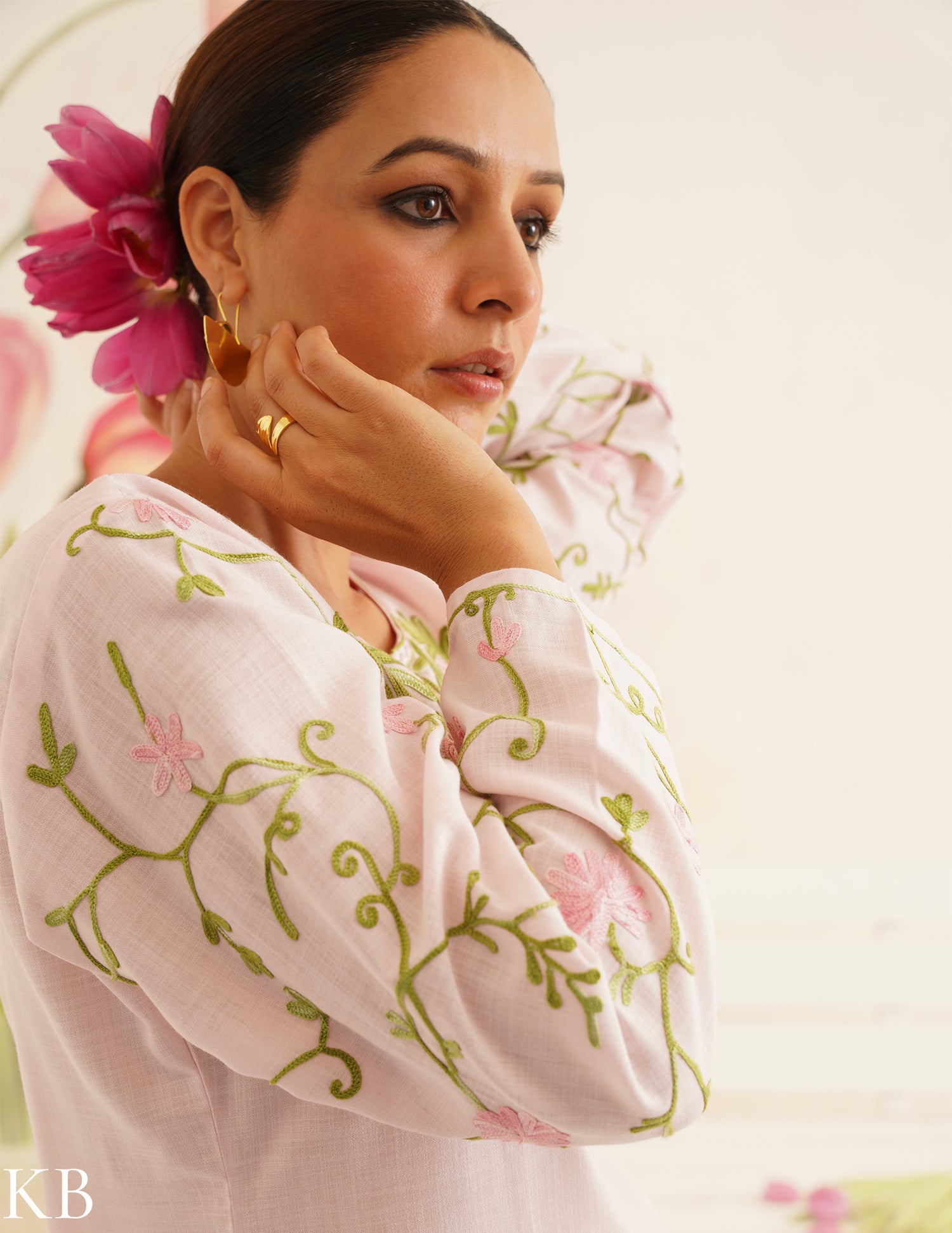 Baby Pink Cotton Coordset with Floral Embroidery | Bahaar Collection 2025 - Kashmir Box