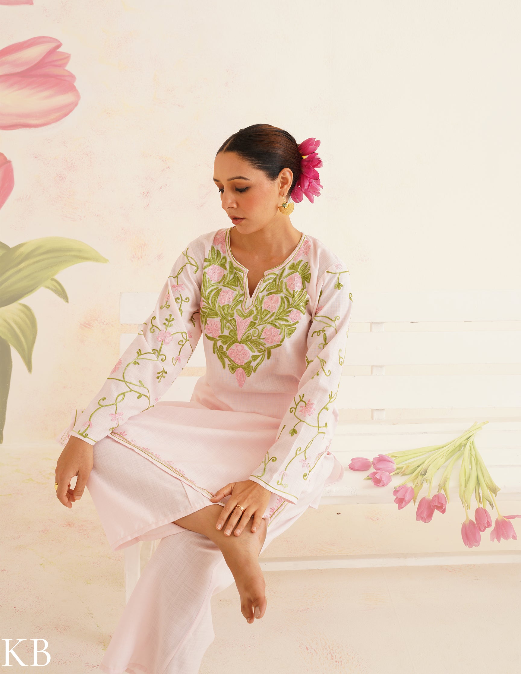 Baby Pink Cotton Coordset with Floral Embroidery | Bahaar Collection 2025 - Kashmir Box