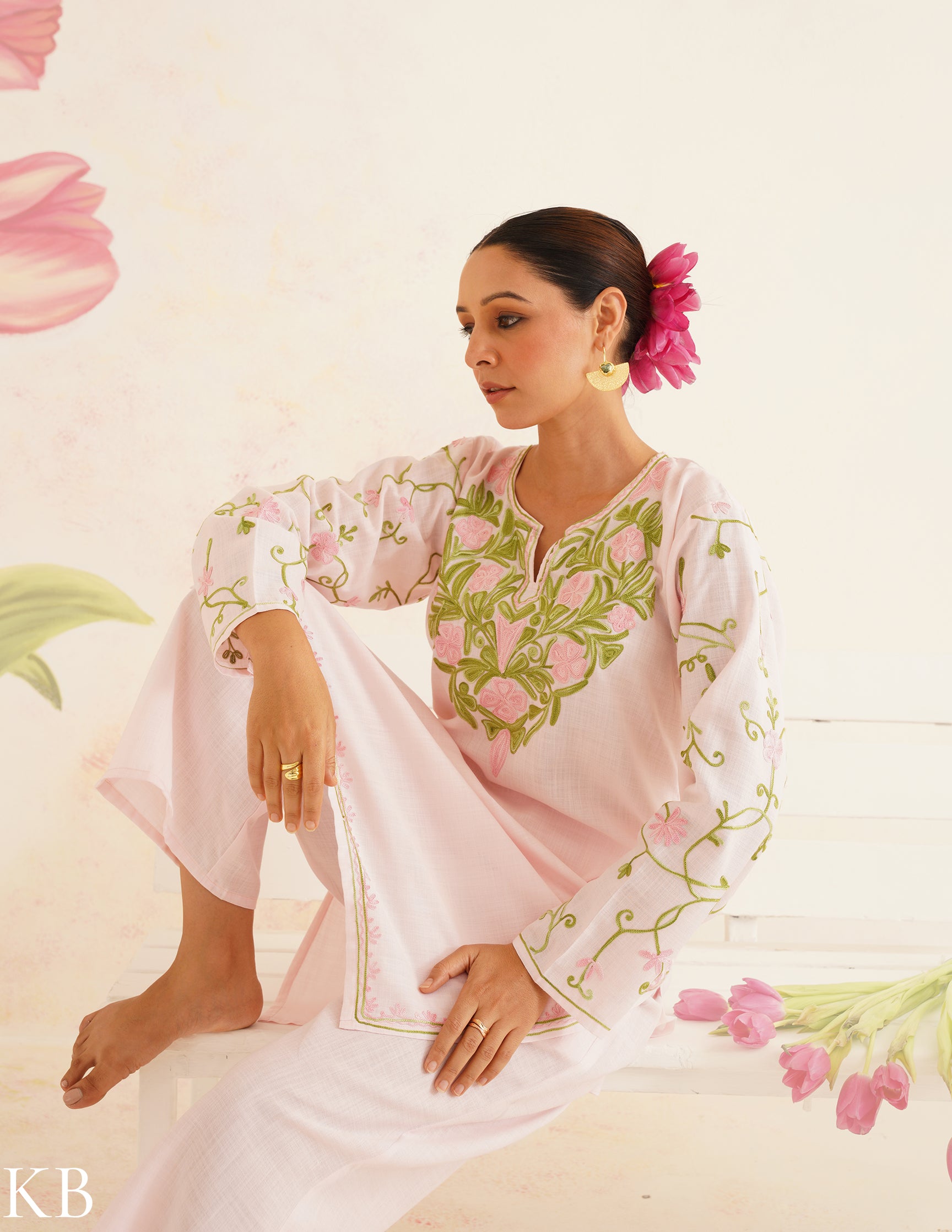 Baby Pink Cotton Coordset with Floral Embroidery | Bahaar Collection 2025 - Kashmir Box