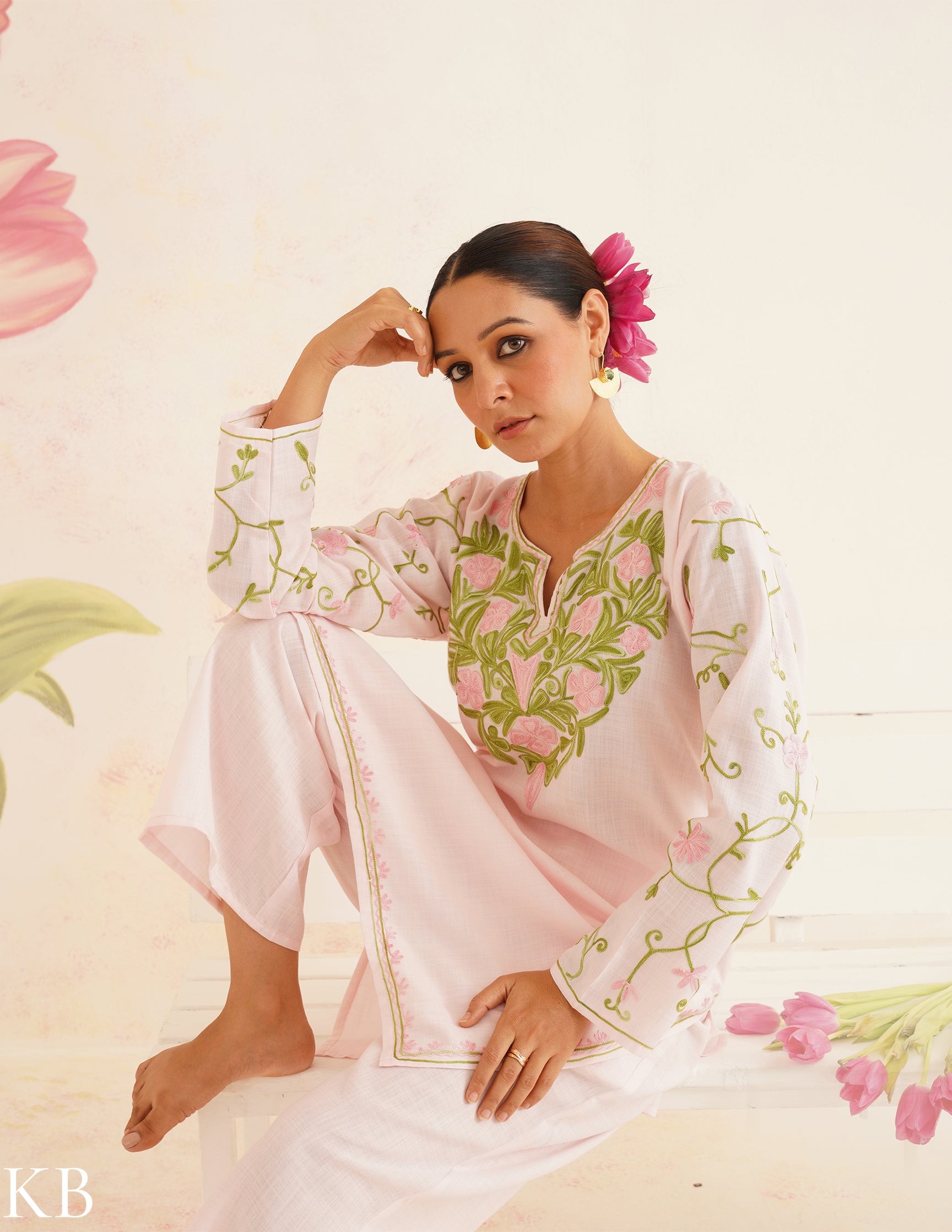 Baby Pink Cotton Coordset with Floral Embroidery | Bahaar Collection 2025 - Kashmir Box