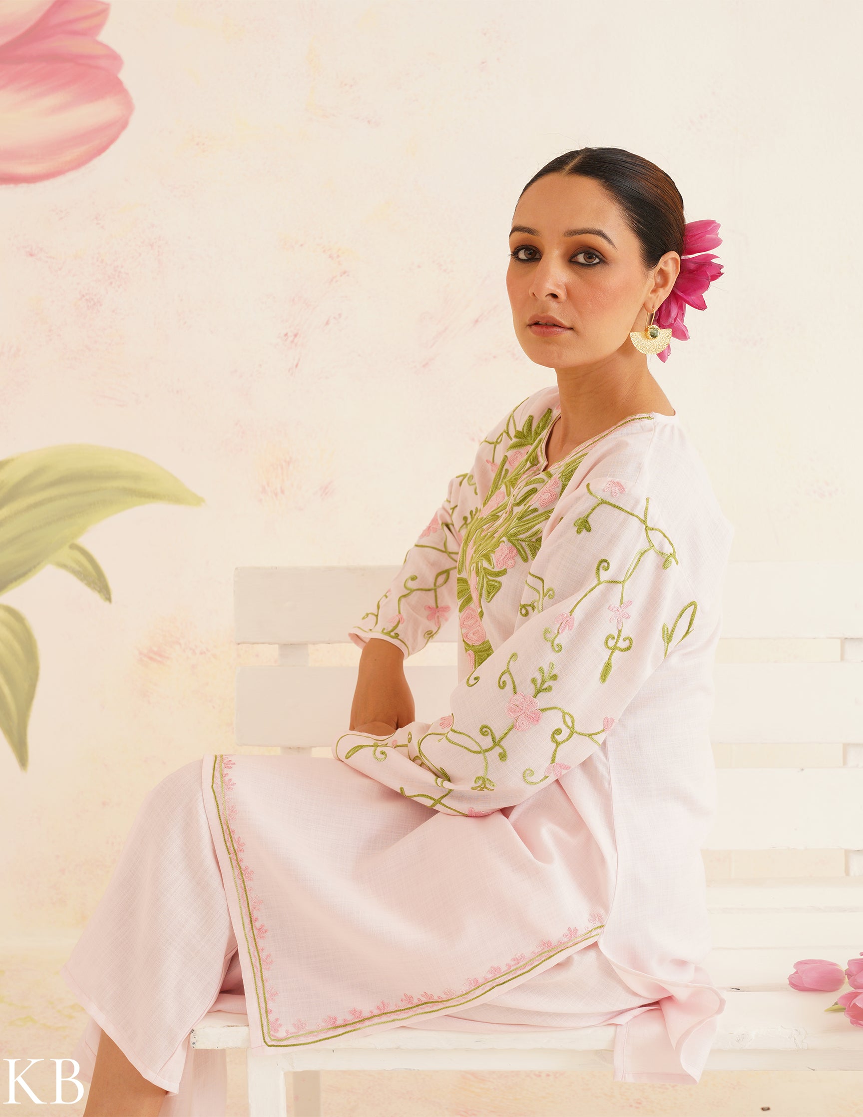 Baby Pink Cotton Coordset with Floral Embroidery | Bahaar Collection 2025 - Kashmir Box