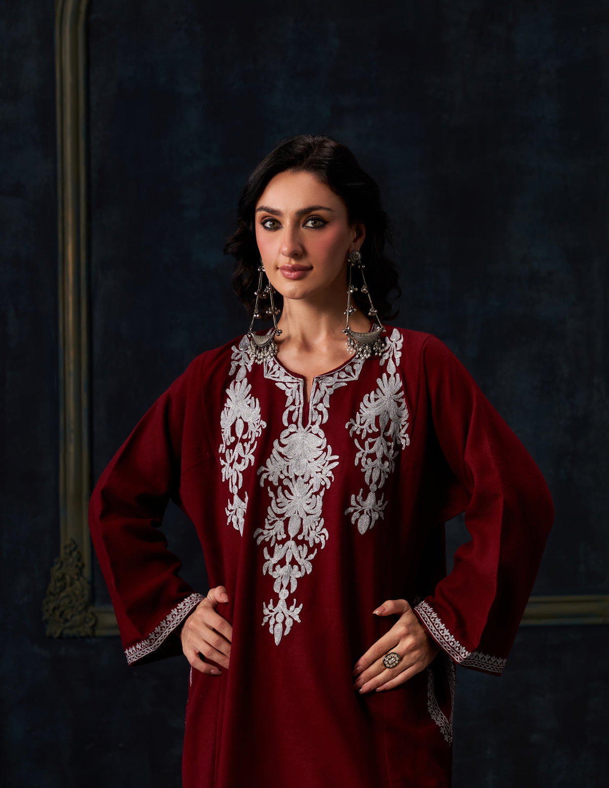 Kashmiri Zari Embroidered Woollen Phiran – Maroon | Timeless Winter Wear - Kashmir Box