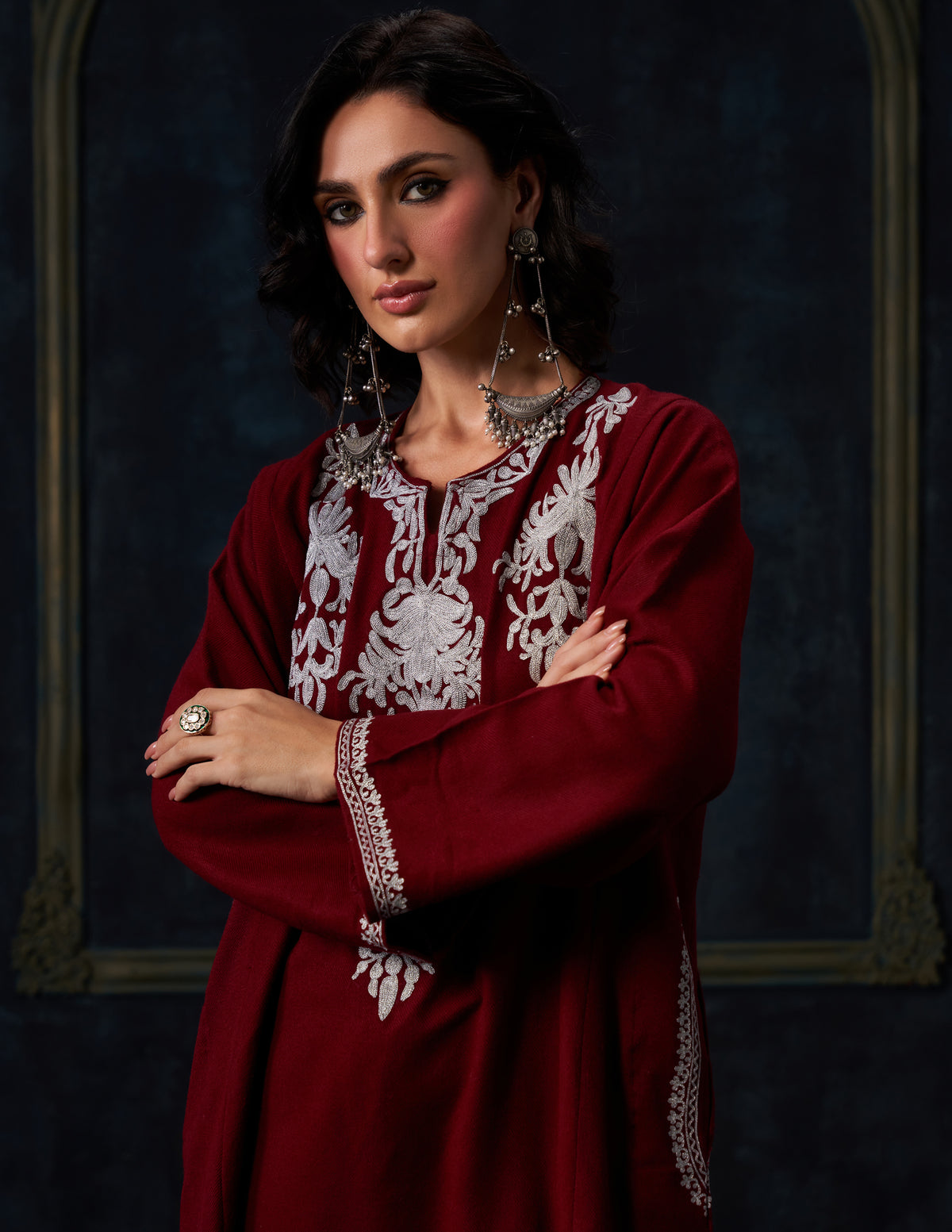 Kashmiri Zari Embroidered Woollen Phiran – Maroon | Timeless Winter Wear - Kashmir Box