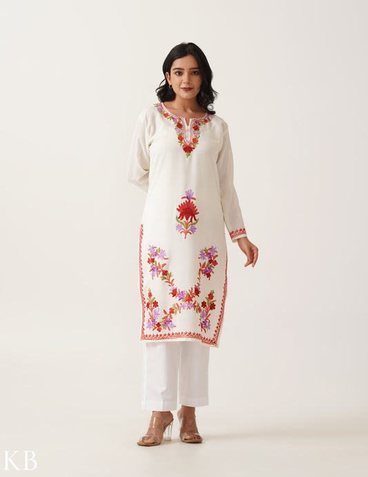 Off-White Aar Twined Floral Embroidery Cotton Kurti - Kashmir Box