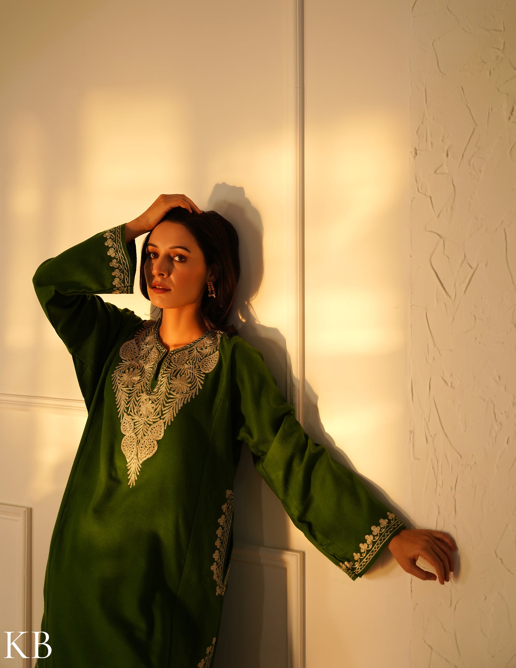 Rang-e-Khizan Forest Green Zari Gold Phiran - Kashmir Box