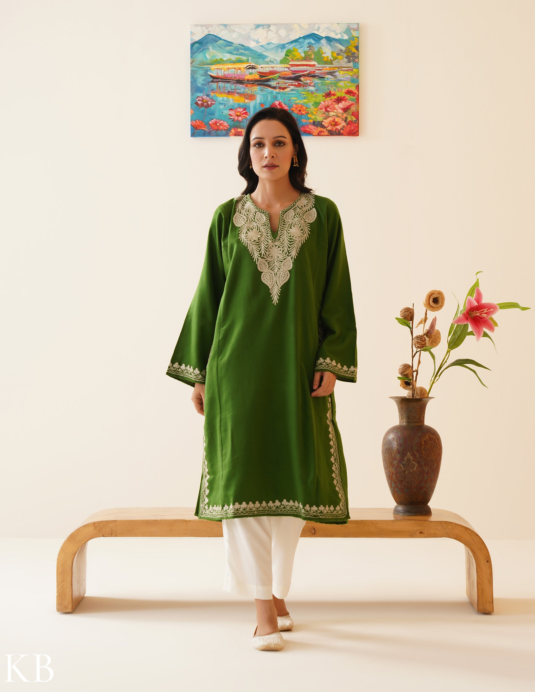 Rang-e-Khizan Forest Green Zari Gold Phiran - Kashmir Box