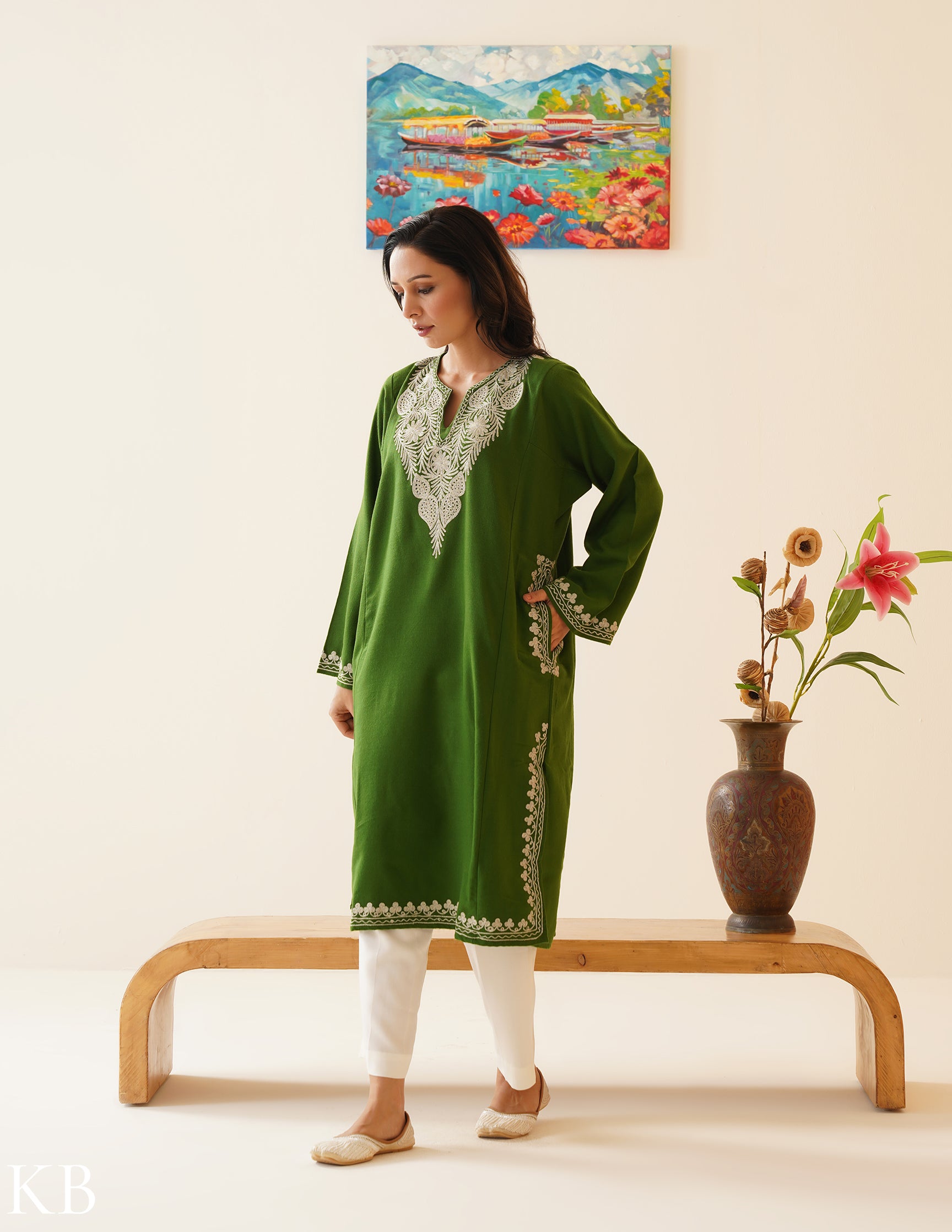 Rang-e-Khizan Forest Green Zari Gold Phiran - Kashmir Box