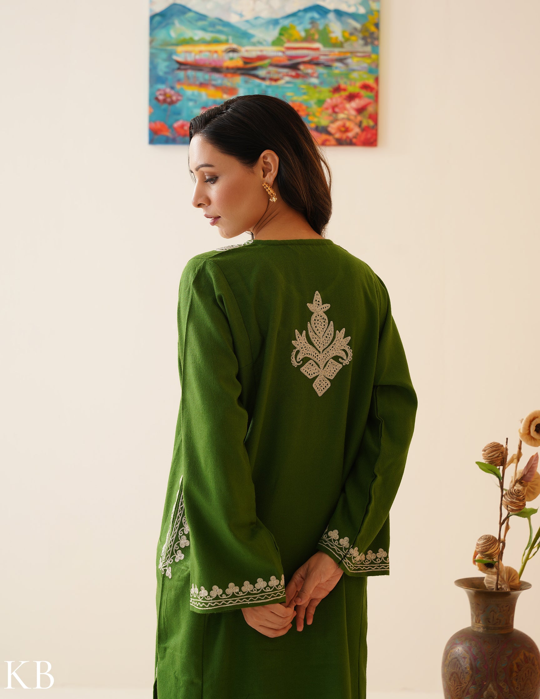 Rang-e-Khizan Forest Green Zari Gold Phiran - Kashmir Box