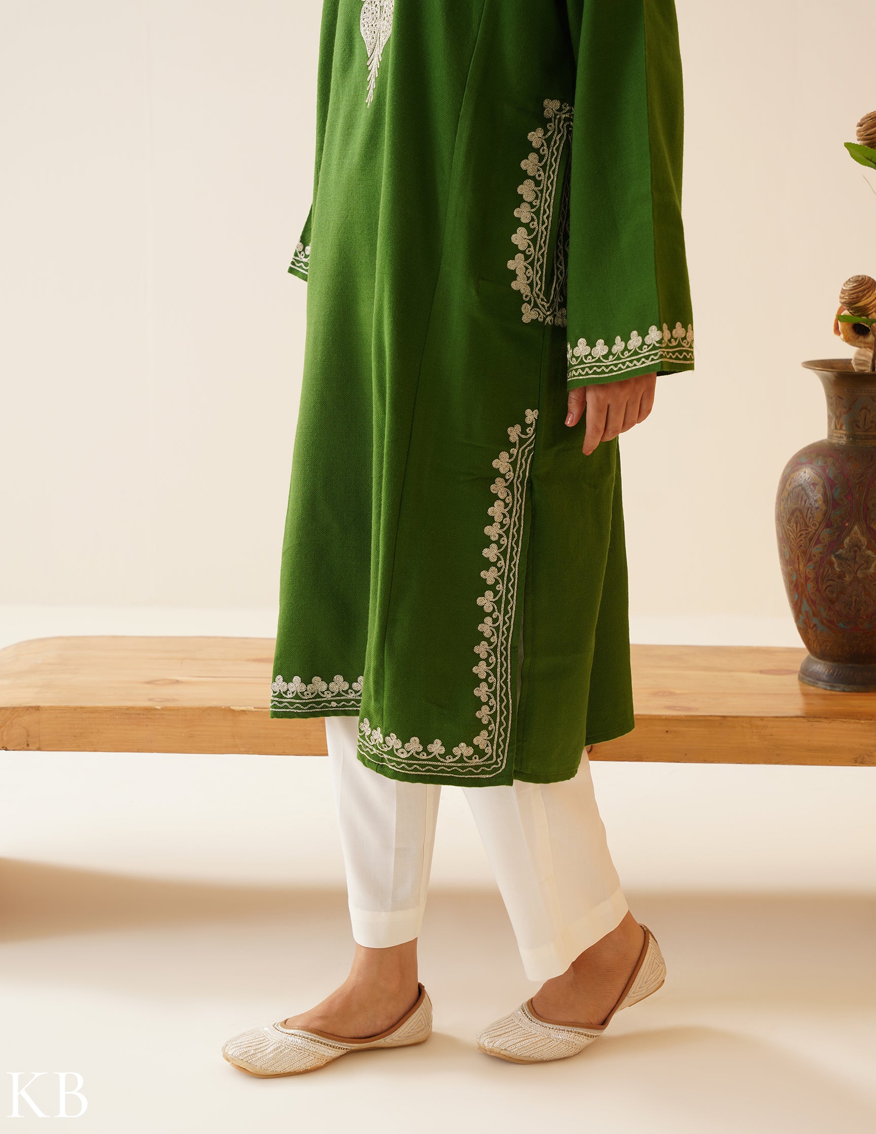 Rang-e-Khizan Forest Green Zari Gold Phiran - Kashmir Box