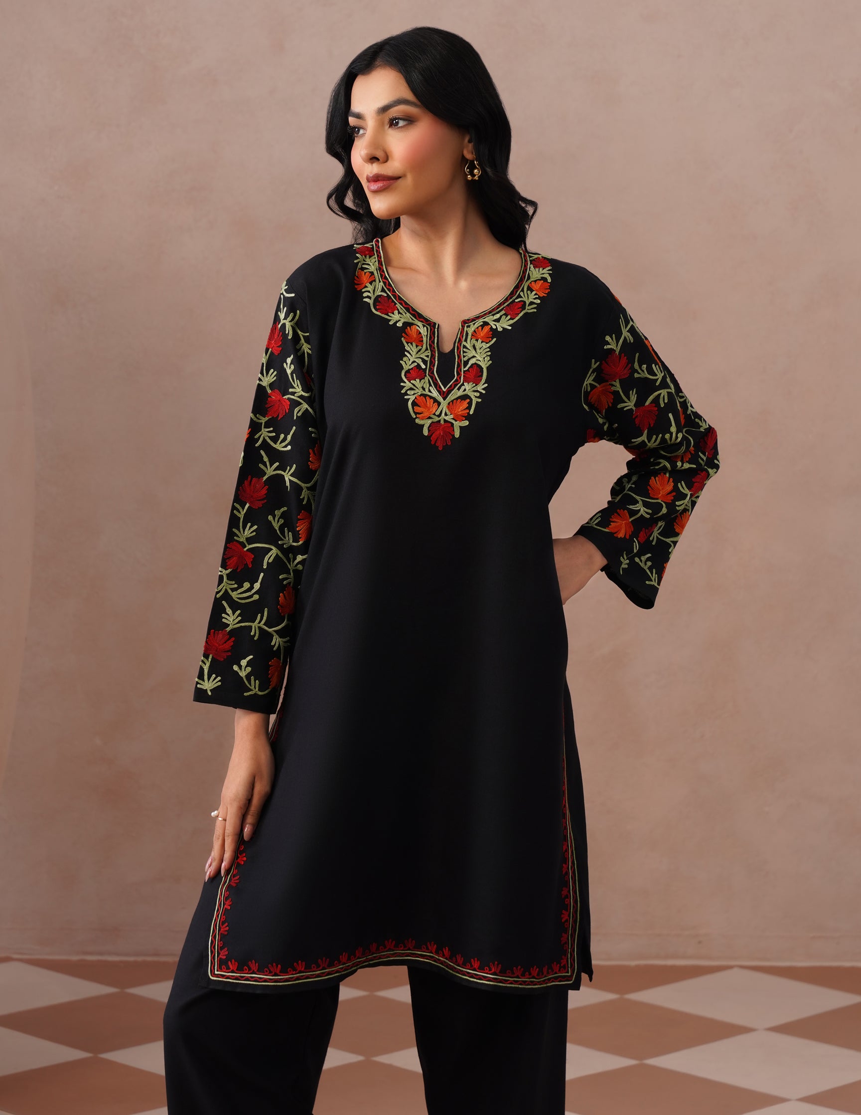 Black Cotton Coordset – Vibrant Multicolor Aari Work | Versatile Ethnic Wear - Kashmir Box