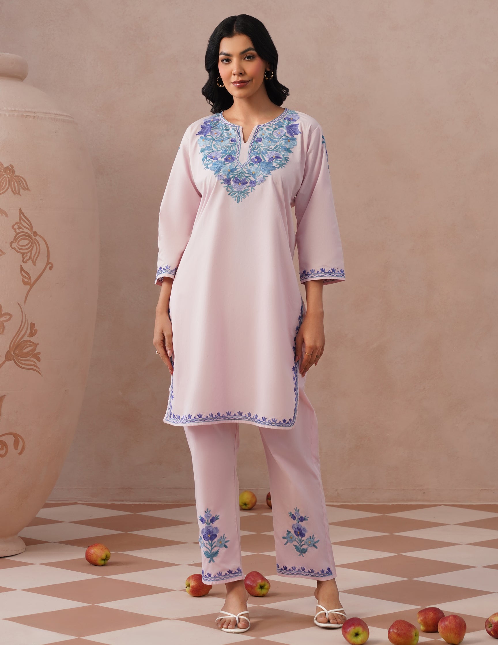 Light Pink Poplin Coordset β Blue Aari Embroidery | Everyday Ethnic Wear - Kashmir Box