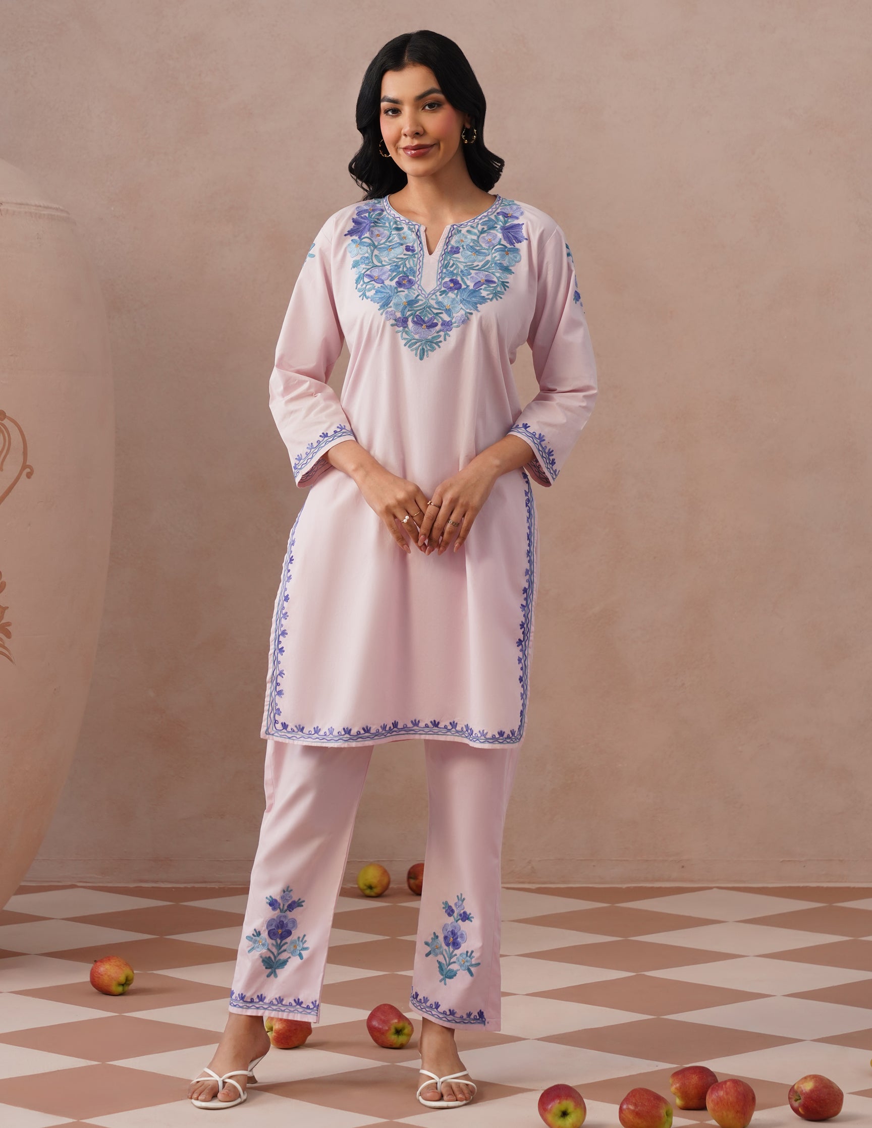 Light Pink Poplin Coordset β Blue Aari Embroidery | Everyday Ethnic Wear - Kashmir Box