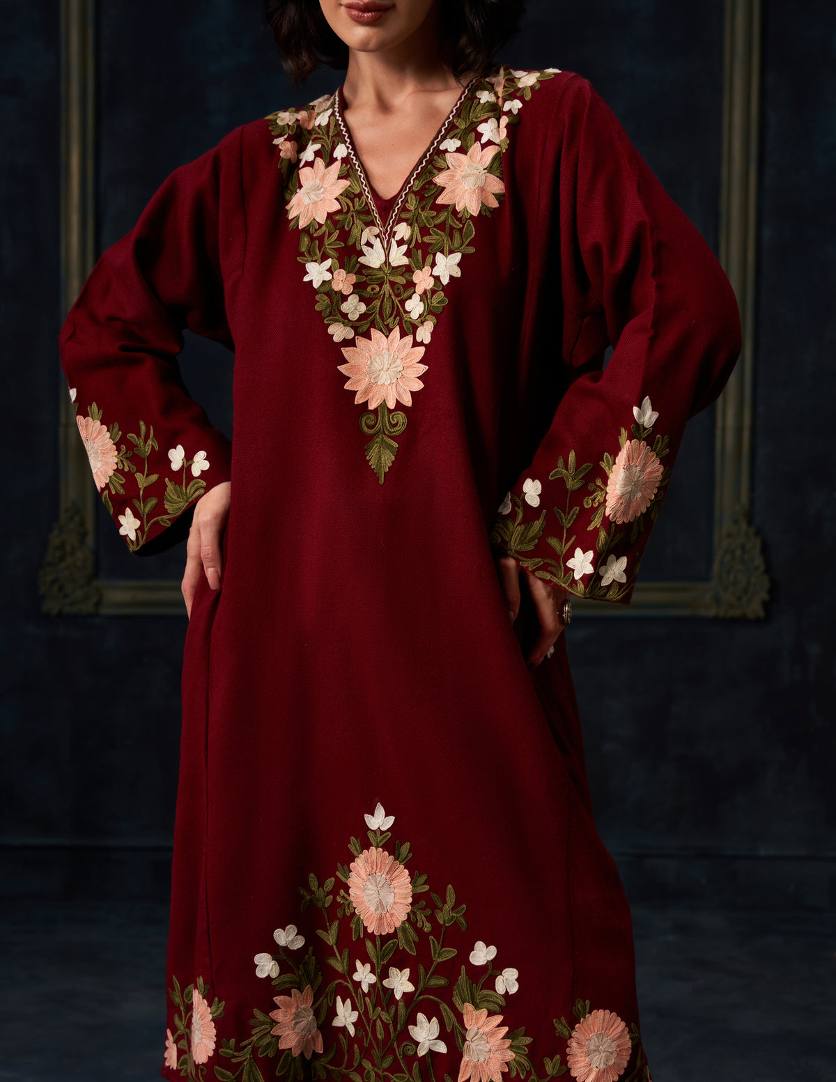 Kashmiri Aari Embroidered Woollen Phiran – Maroon | Timeless Winter Wear - Kashmir Box
