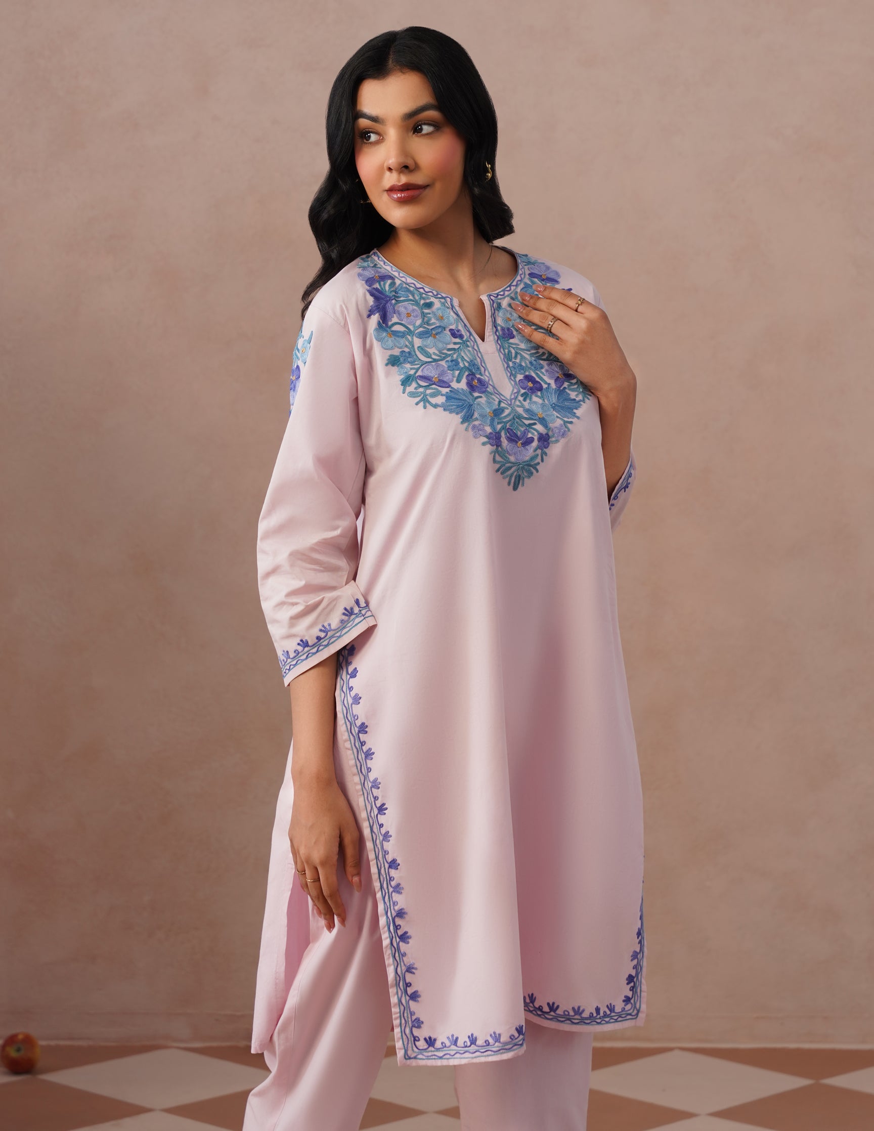 Light Pink Poplin Coordset β Blue Aari Embroidery | Everyday Ethnic Wear - Kashmir Box
