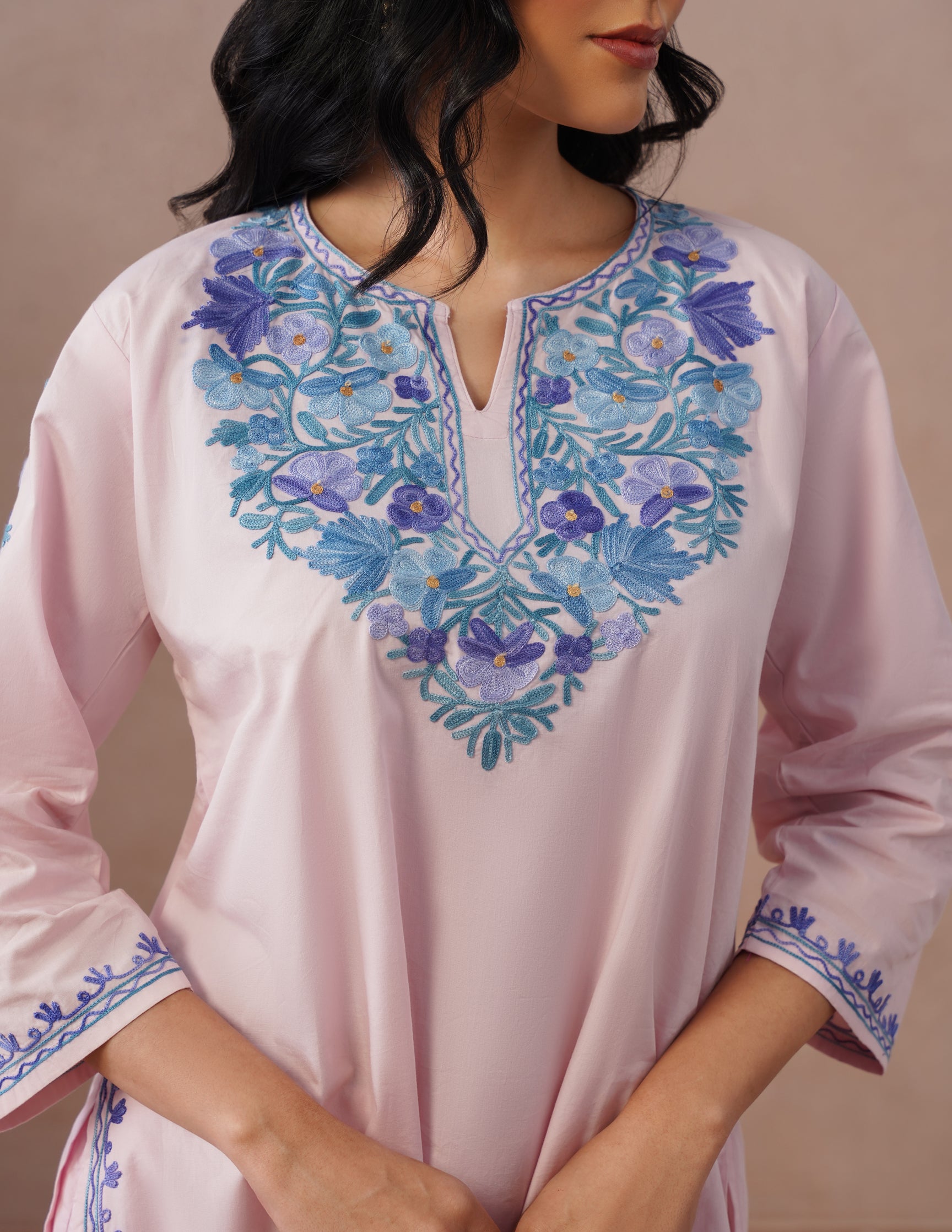 Light Pink Poplin Coordset β Blue Aari Embroidery | Everyday Ethnic Wear - Kashmir Box
