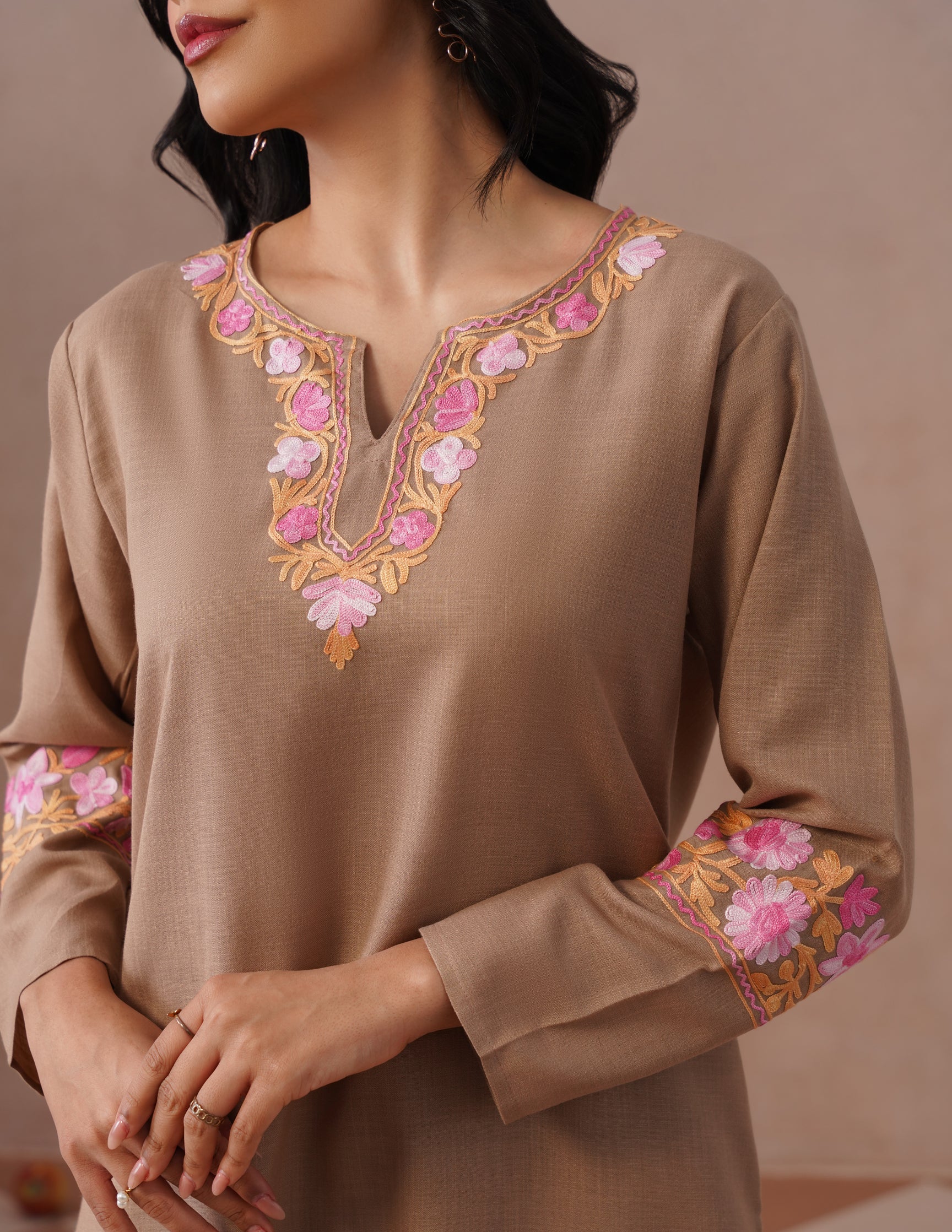 Fawn Cotton Coordset – Tonal Pink Aari Embroidery | Everyday Ethnic Wear - Kashmir Box