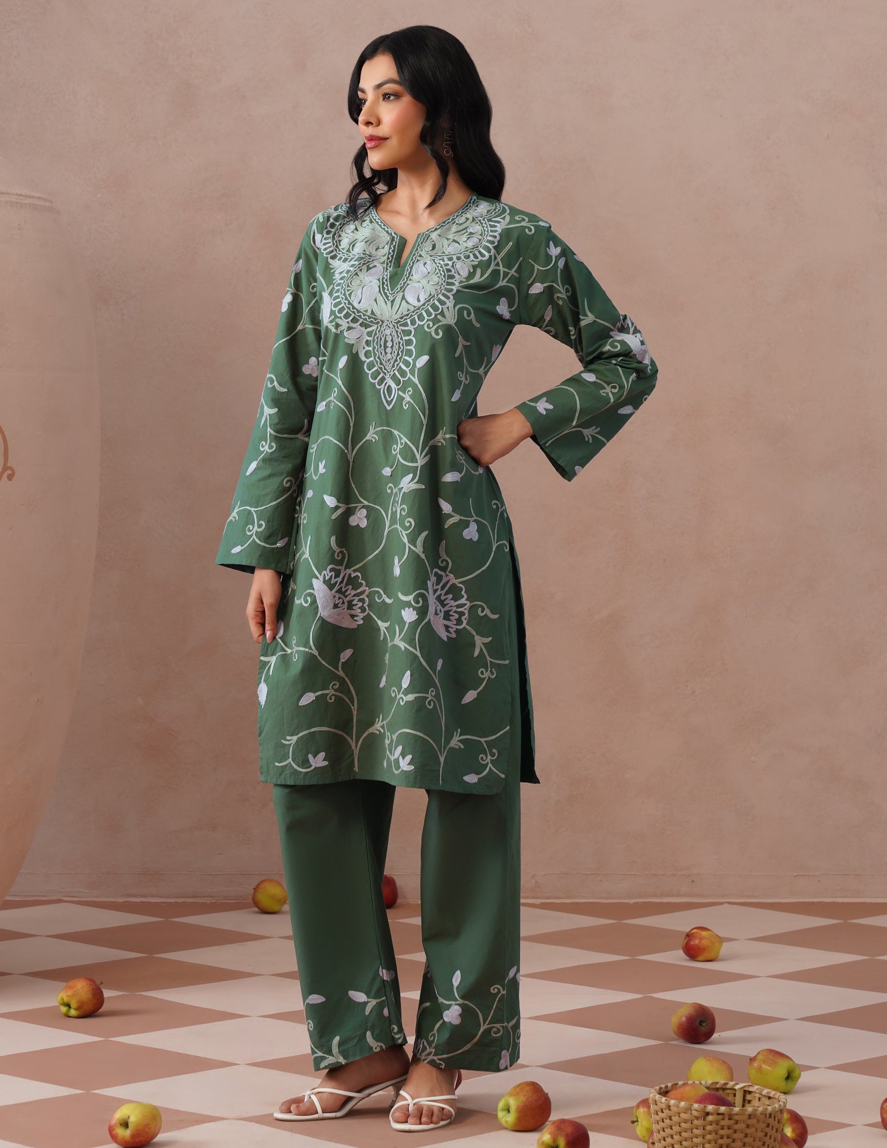 Olive Green Poplin Coordset – Pink & Fawn Aari Embroidery | Casual Ethnic Wear - Kashmir Box