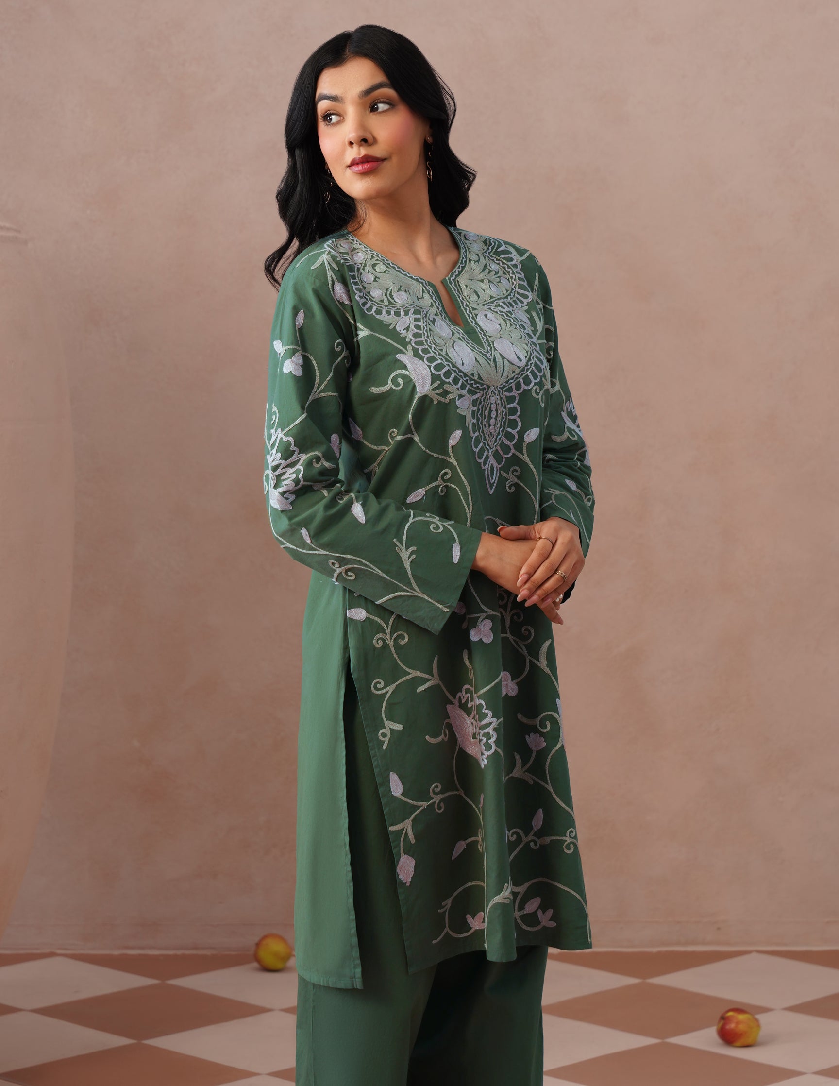 Olive Green Poplin Coordset – Pink & Fawn Aari Embroidery | Casual Ethnic Wear - Kashmir Box