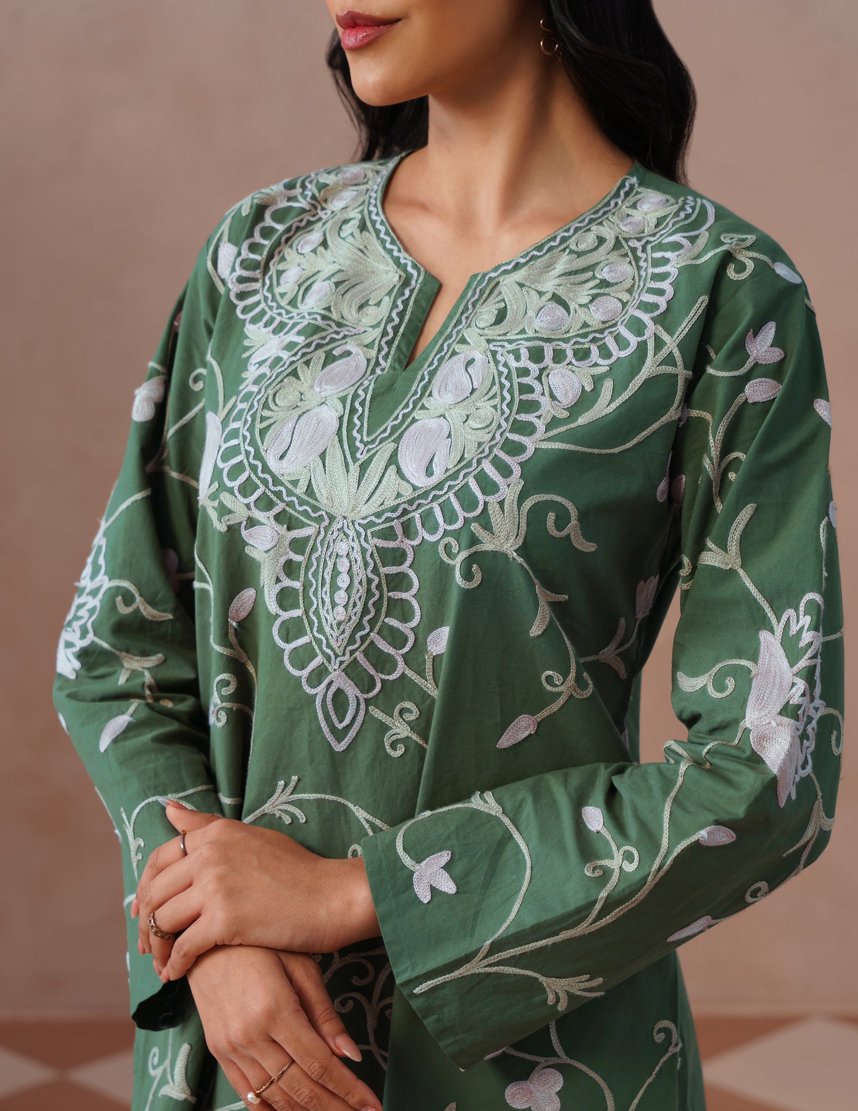Olive Green Poplin Coordset – Pink & Fawn Aari Embroidery | Casual Ethnic Wear - Kashmir Box