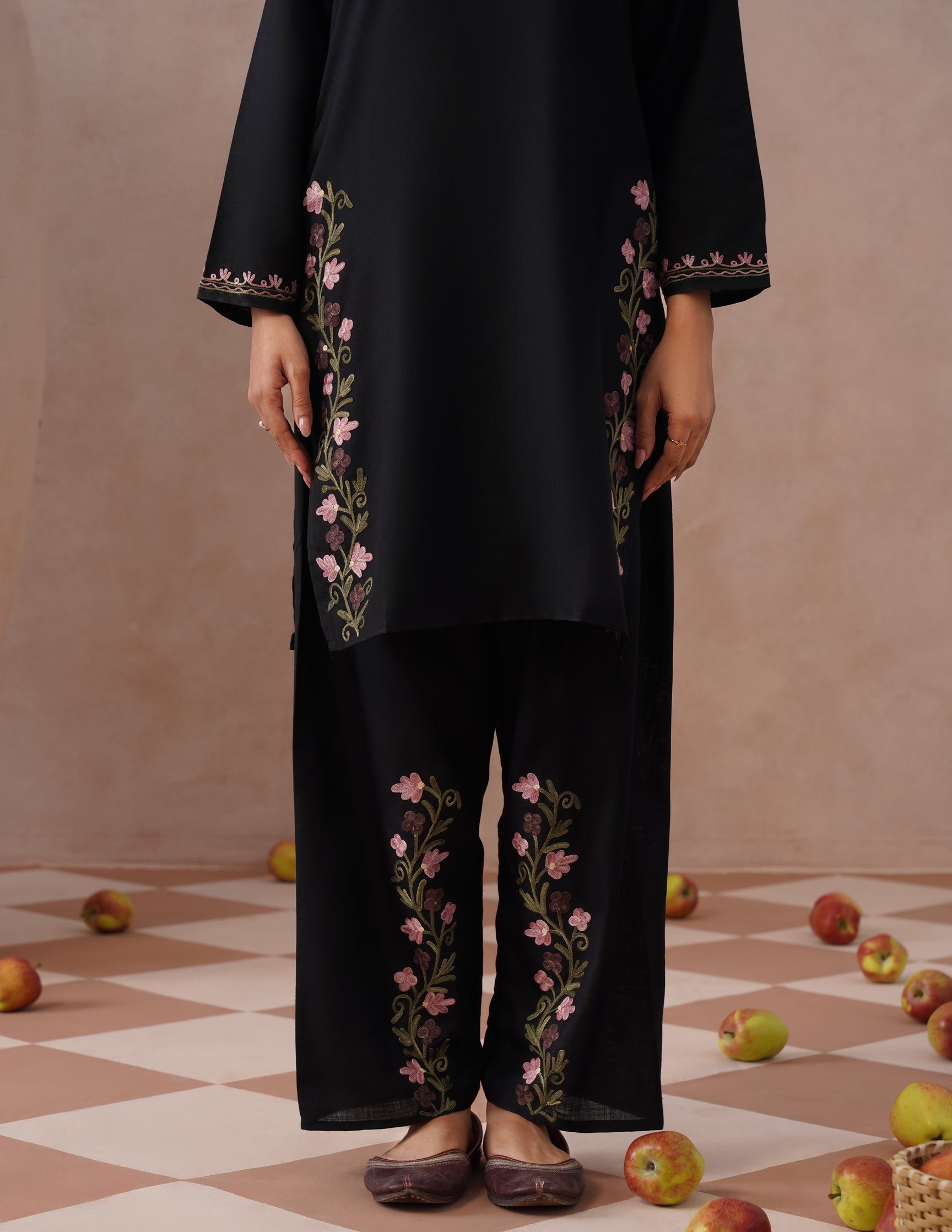 Black Cotton Coordset β Lavender & Green Aari Embroidery | Office Ethnic Wear - Kashmir Box