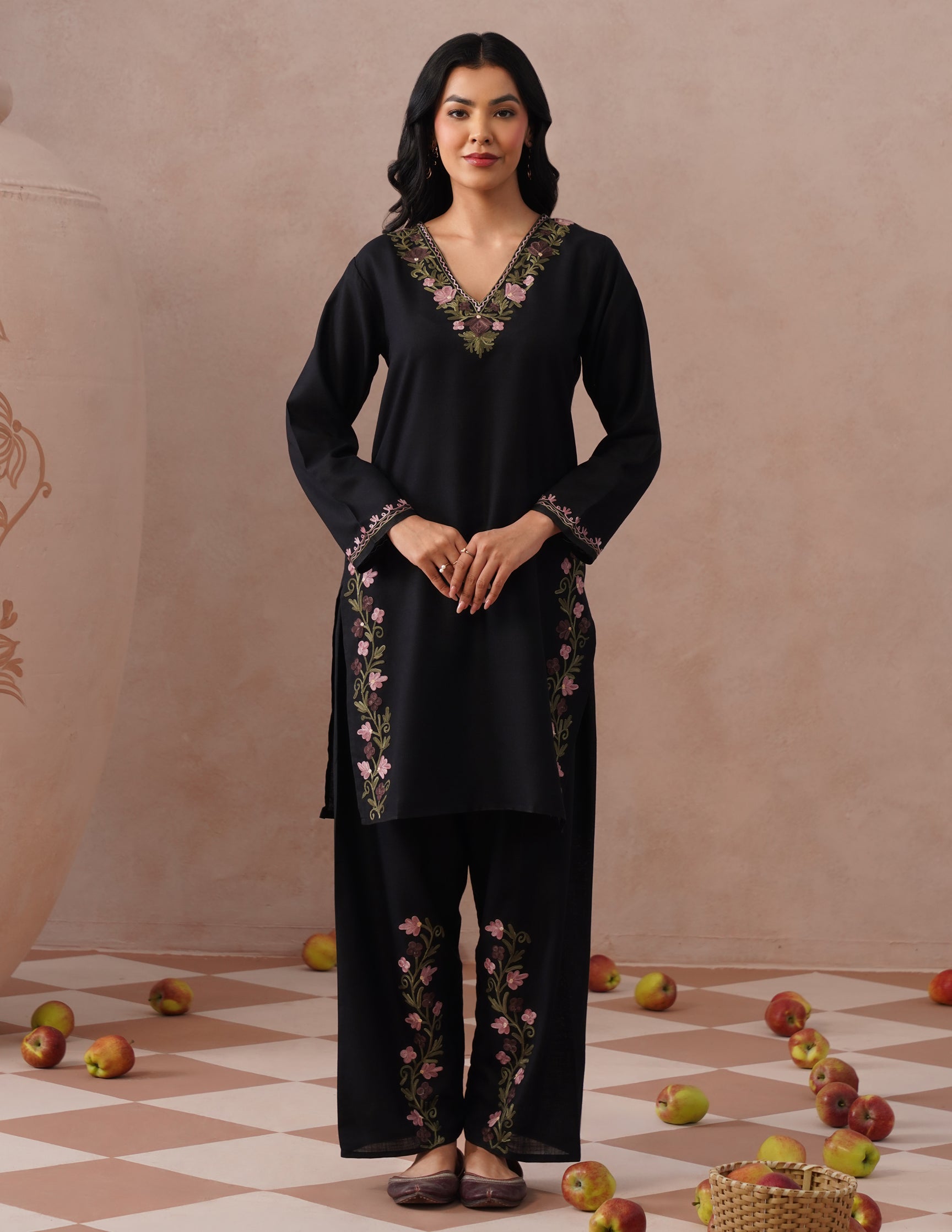 Black Cotton Coordset β Lavender & Green Aari Embroidery | Office Ethnic Wear - Kashmir Box