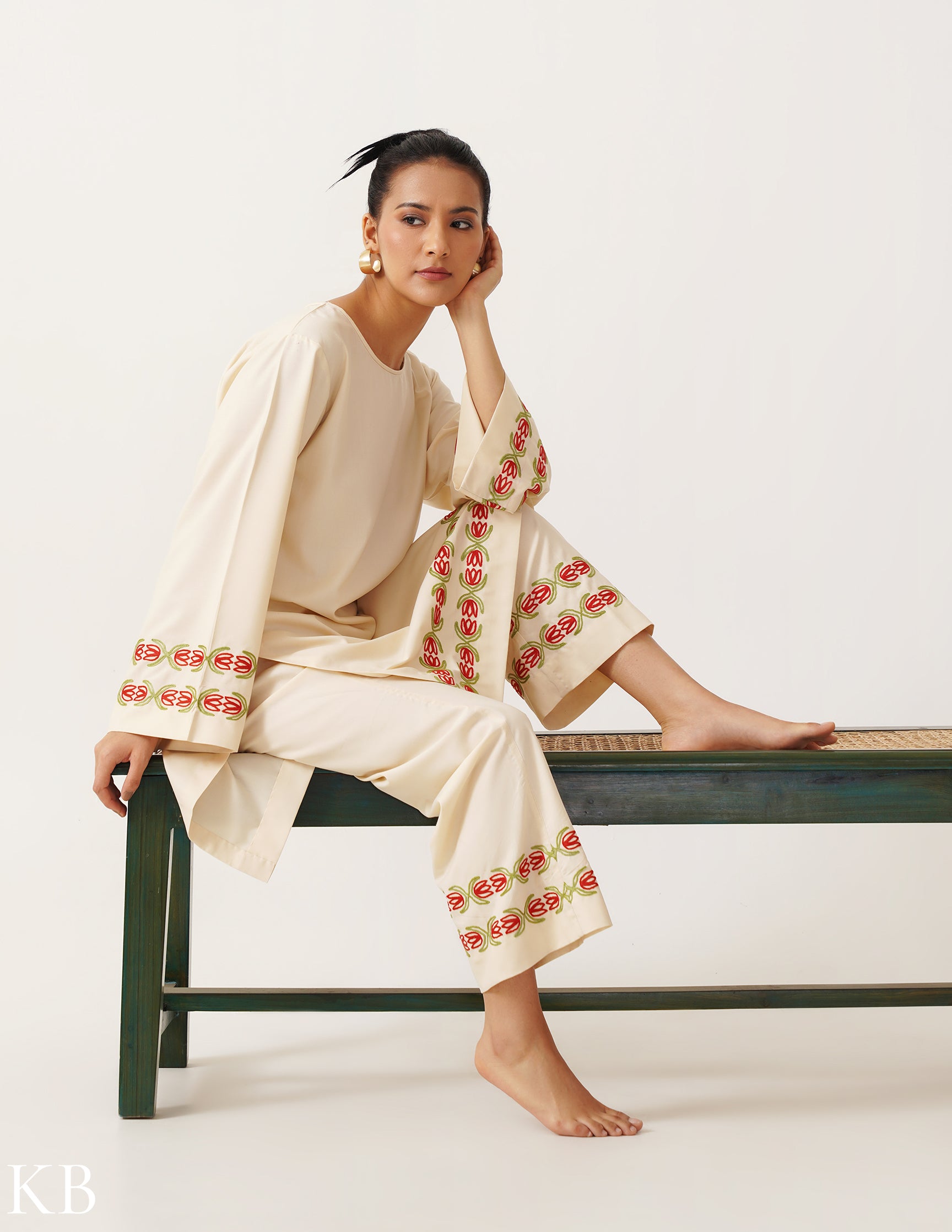 Amana Ivory Comfort Fit Hand Embroidered Co-ord Set - Kashmir Box