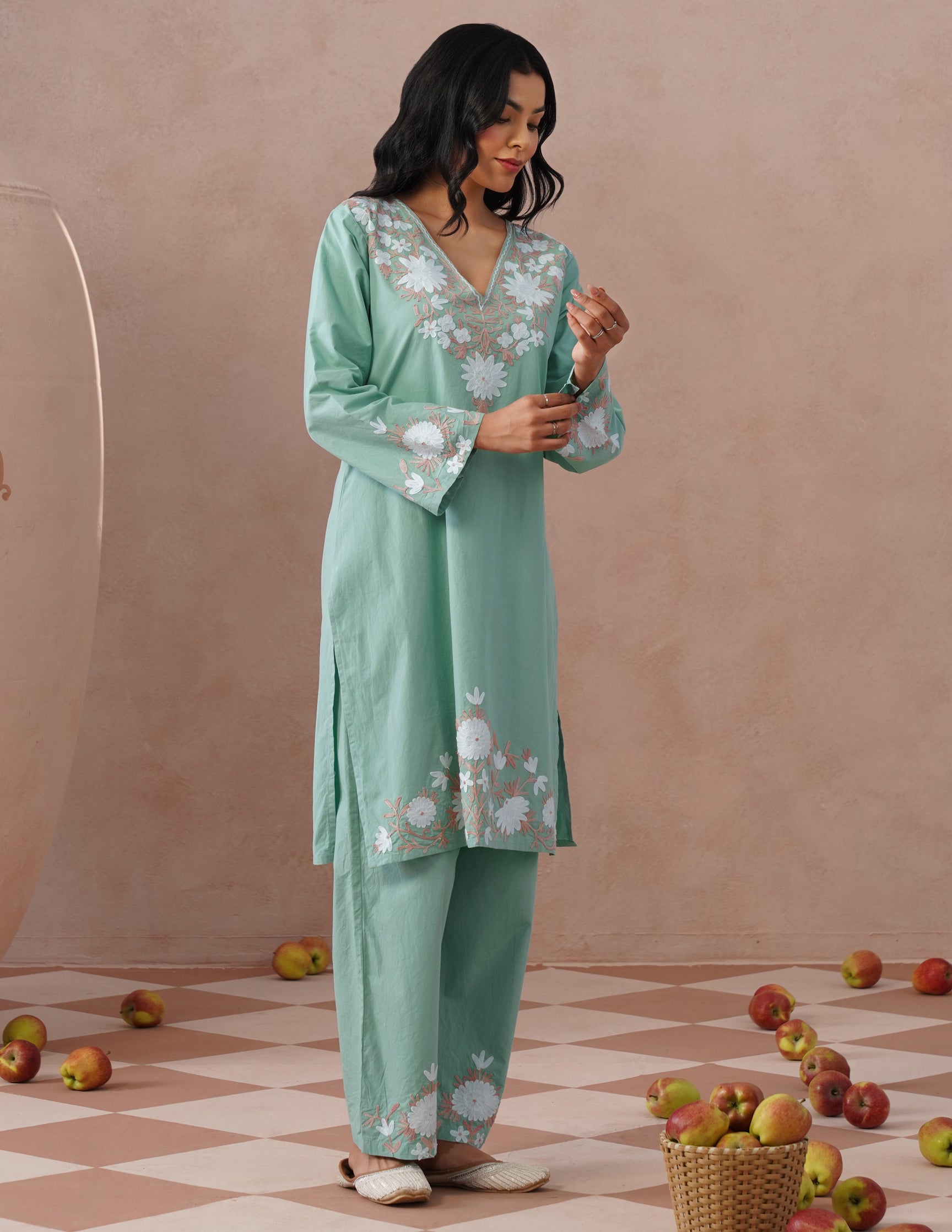 Light Green Poplin Coordset โ White & Fawn Aari Work | Casual Ethnic Wear - Kashmir Box