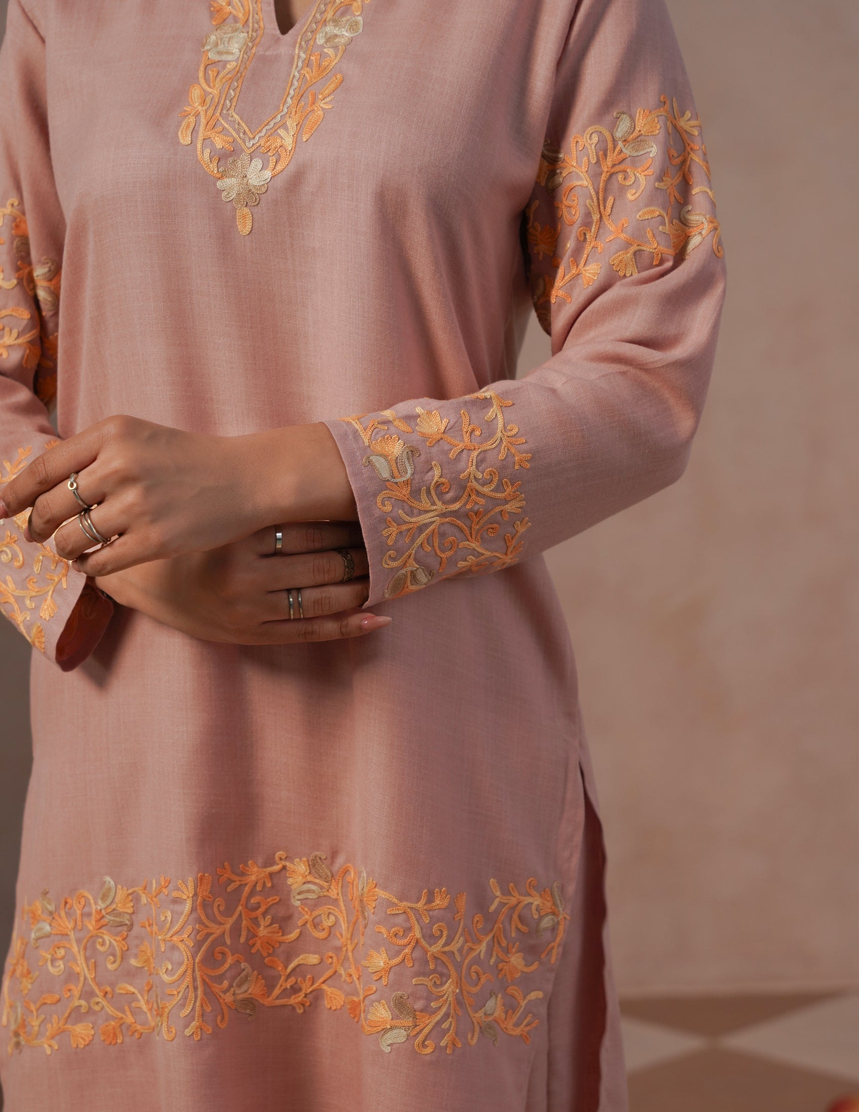 Dusky Pink Cotton Coordset – Green & Golden Aari Embroidery | Office & Casual Ethnic Wear - Kashmir Box