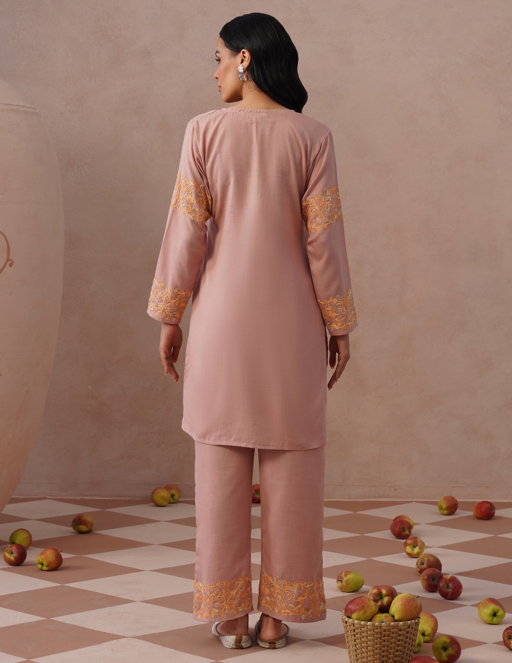 Dusky Pink Cotton Coordset – Green & Golden Aari Embroidery | Office & Casual Ethnic Wear - Kashmir Box