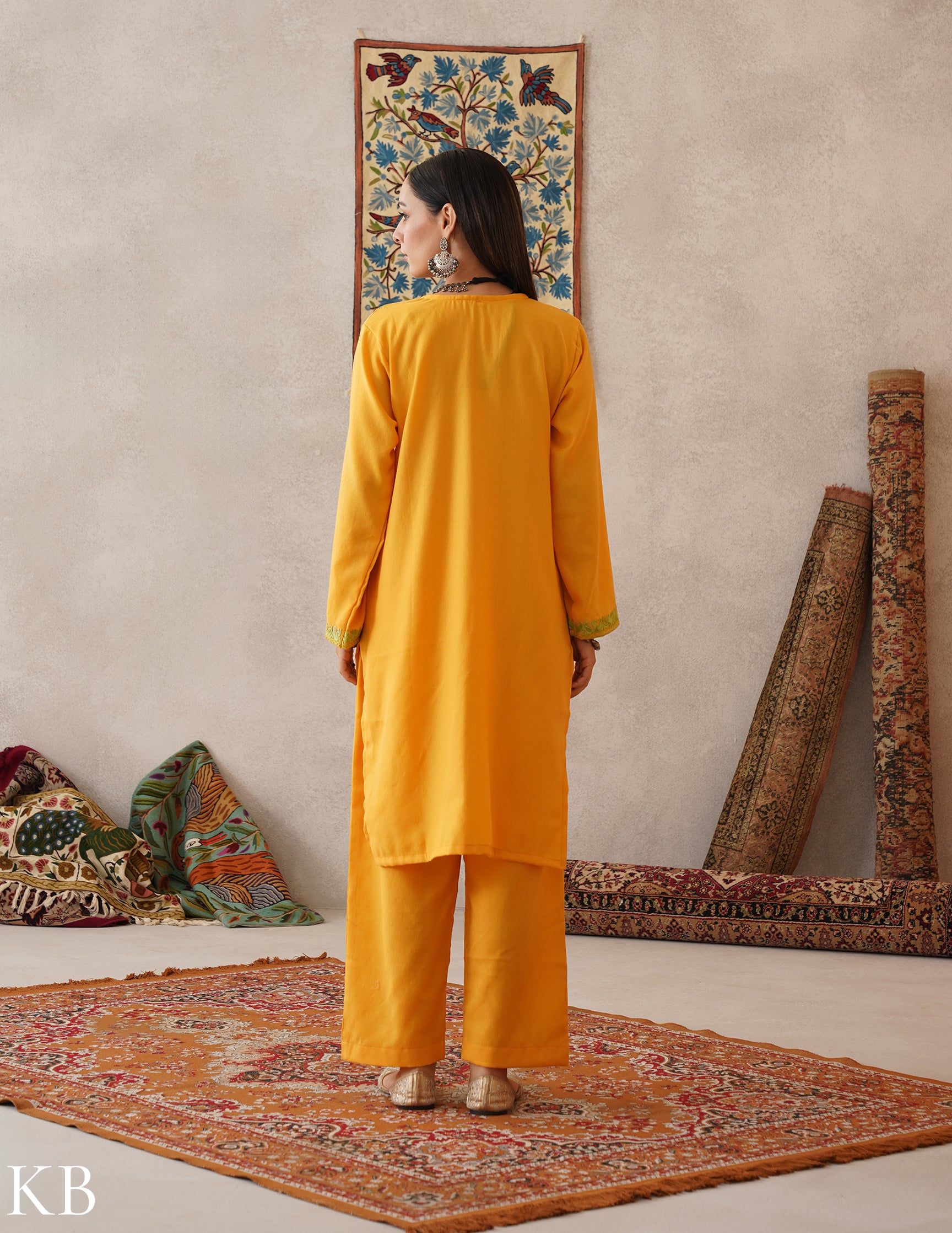 meHER Sun Yellow Kashmiri Aari Woollen Co-ord Set - Kashmir Box
