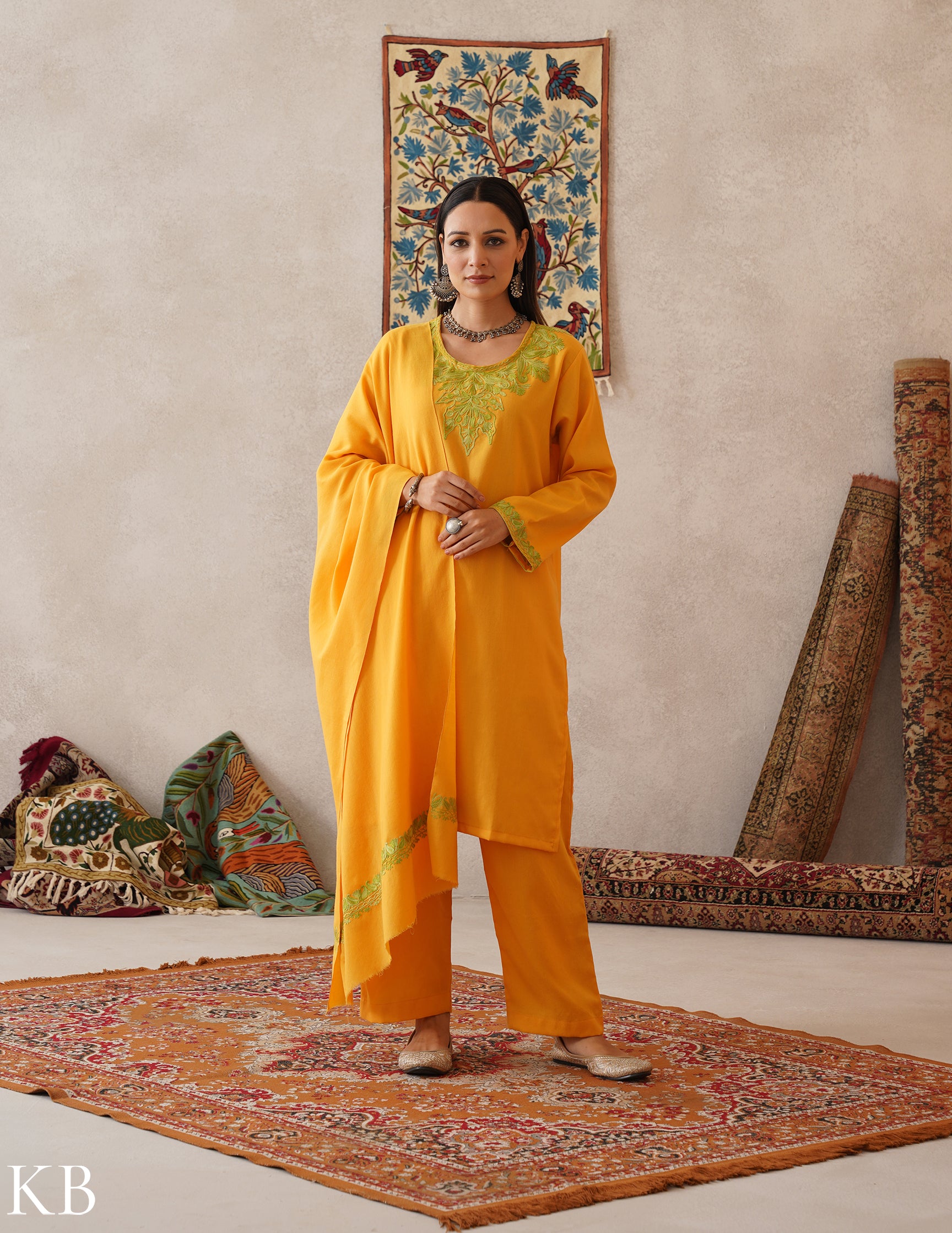 meHER Sun Yellow Kashmiri Aari Woollen Co-ord Set - Kashmir Box