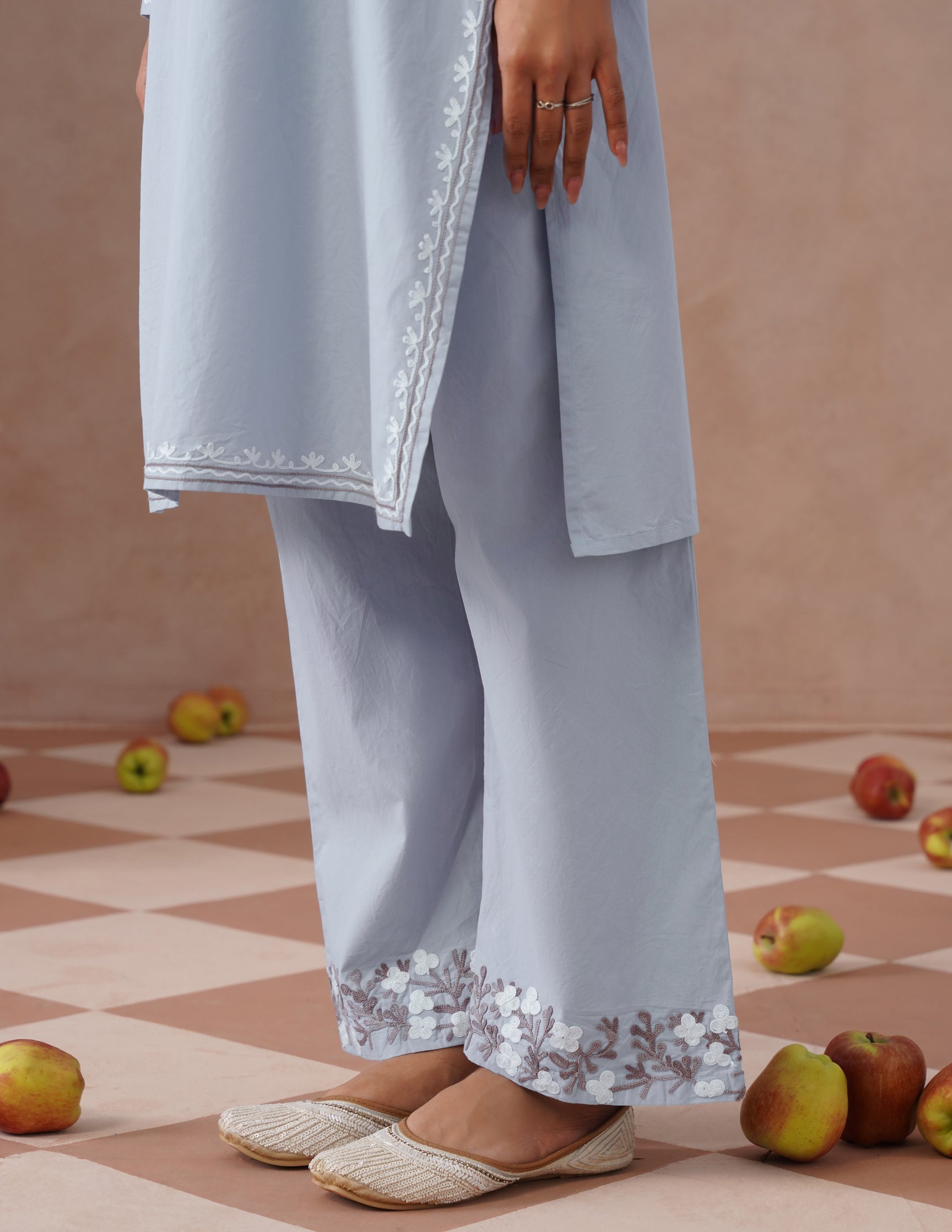 Light Blue Poplin Coordset – Brown & White Aari Embroidery | Office Ethnic Wear - Kashmir Box