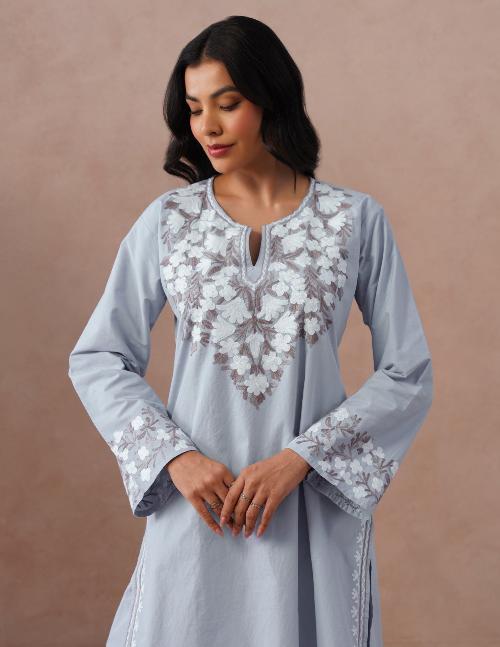 Light Blue Poplin Coordset – Brown & White Aari Embroidery | Office Ethnic Wear - Kashmir Box