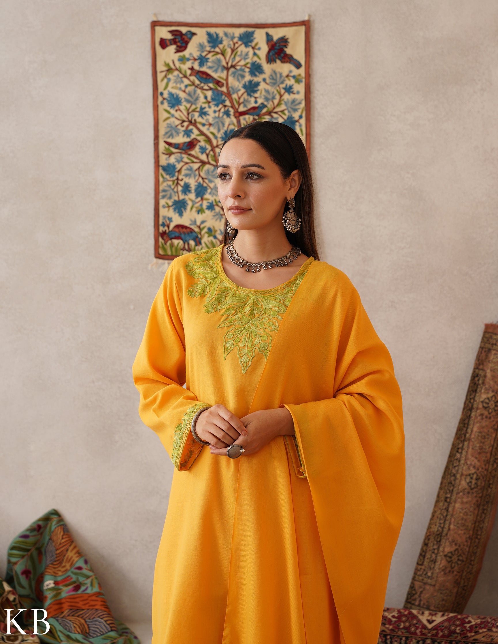 meHER Sun Yellow Kashmiri Aari Woollen Co-ord Set - Kashmir Box