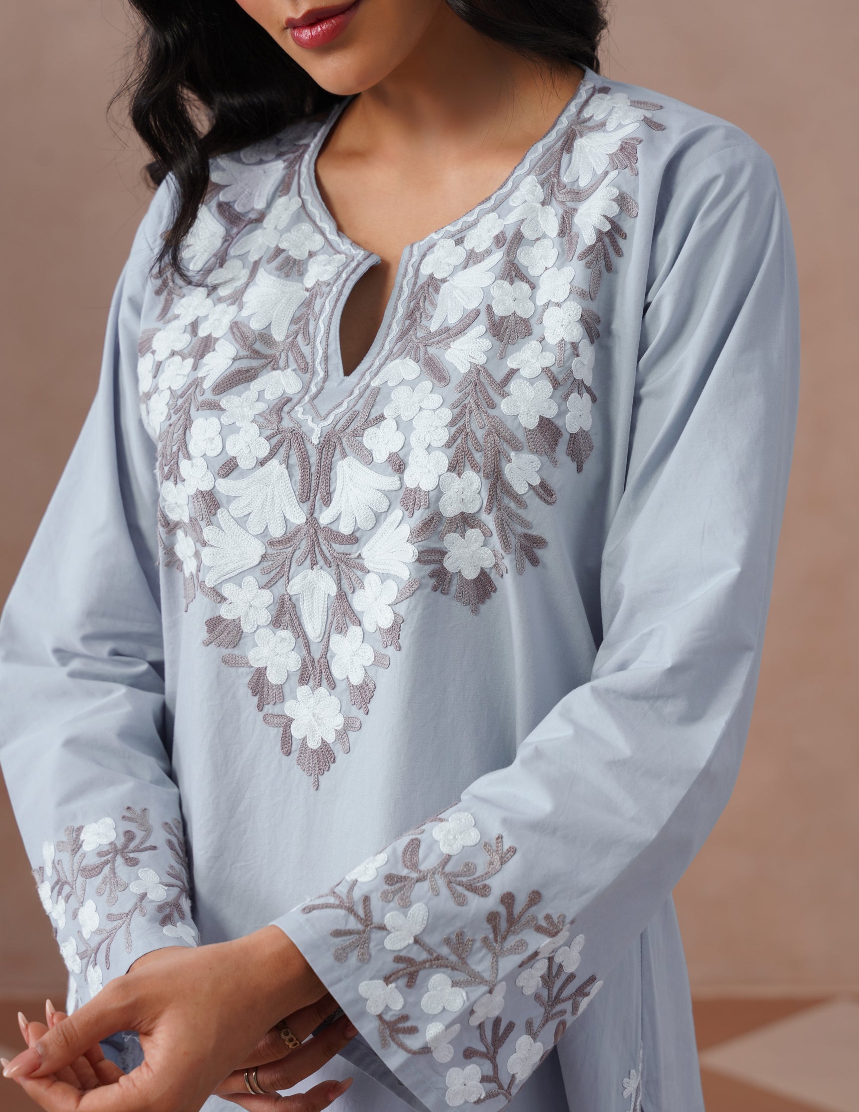 Light Blue Poplin Coordset – Brown & White Aari Embroidery | Office Ethnic Wear - Kashmir Box