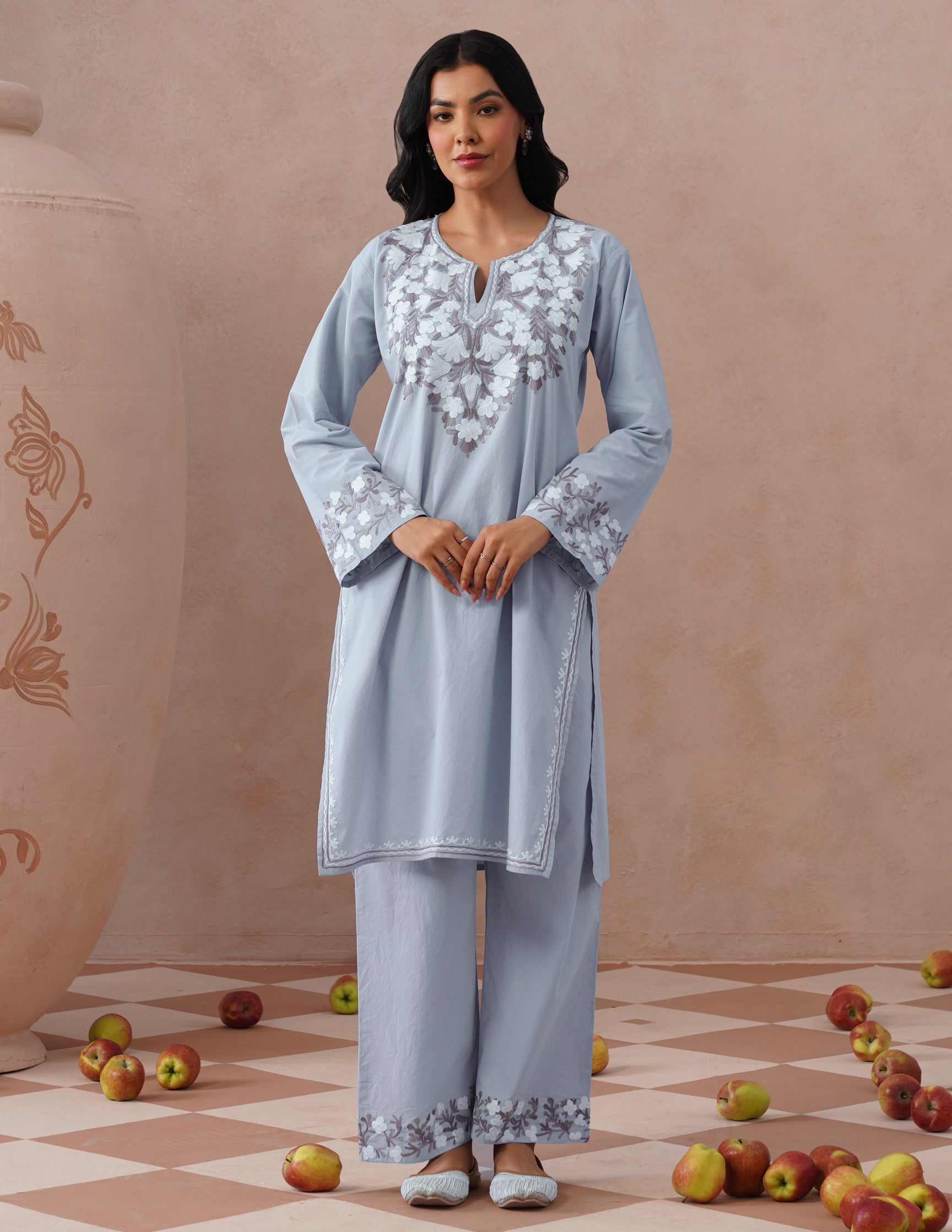 Light Blue Poplin Coordset – Brown & White Aari Embroidery | Office Ethnic Wear - Kashmir Box