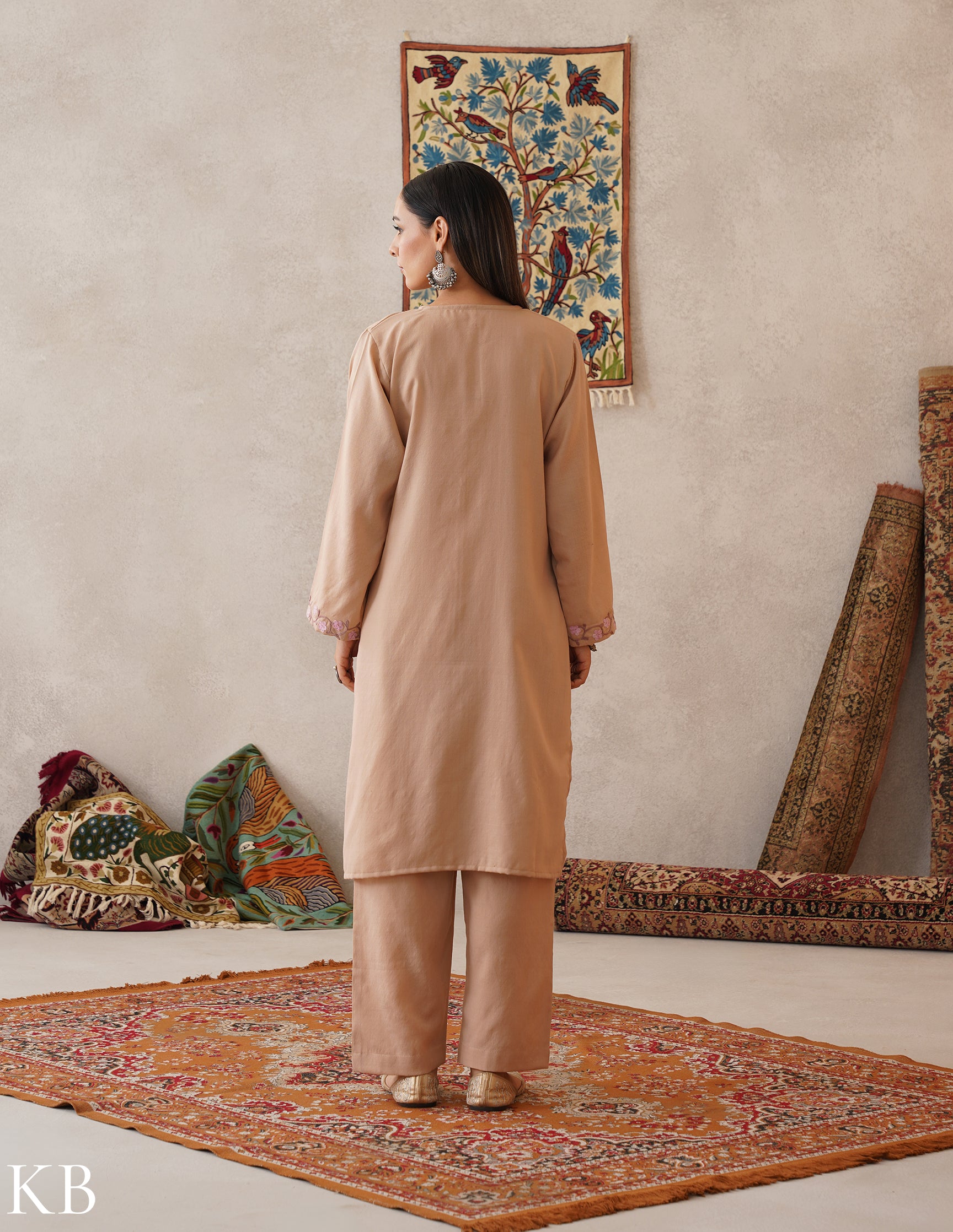 meHER Latte Brown Kashmiri Aari Woollen Co-ord Set - Kashmir Box
