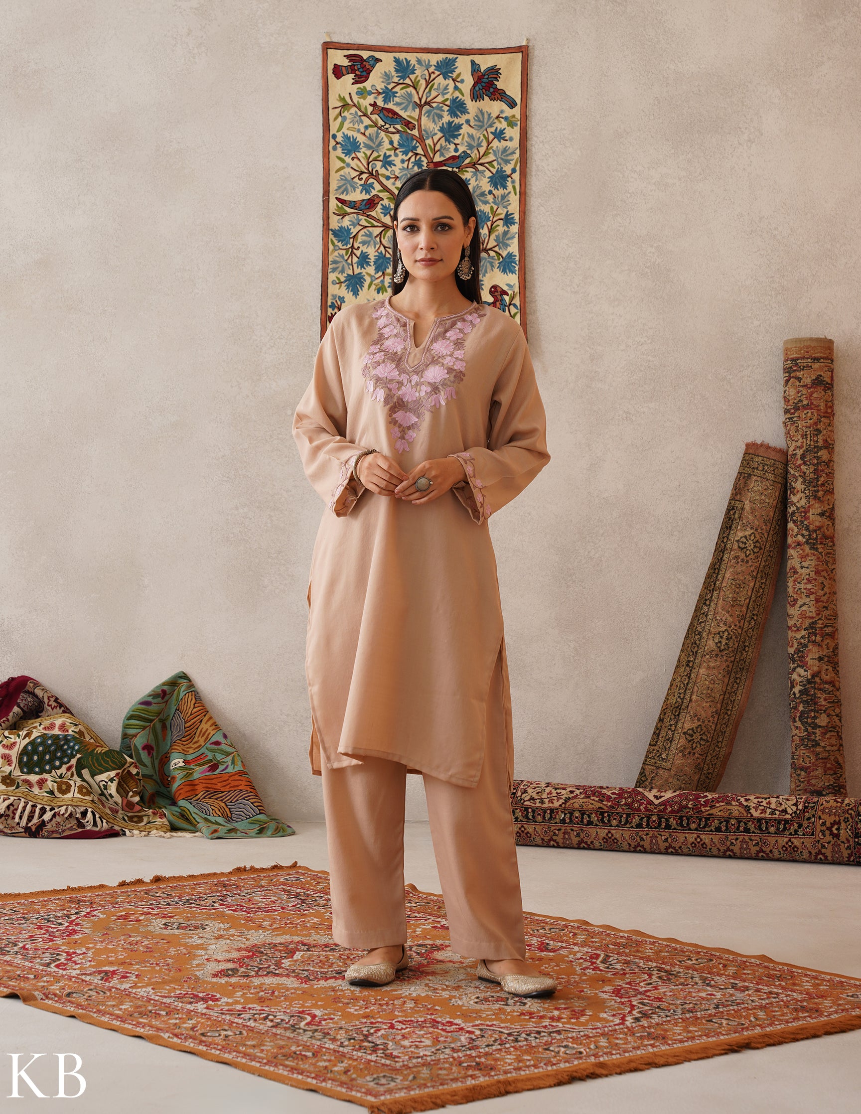 meHER Latte Brown Kashmiri Aari Woollen Co-ord Set - Kashmir Box