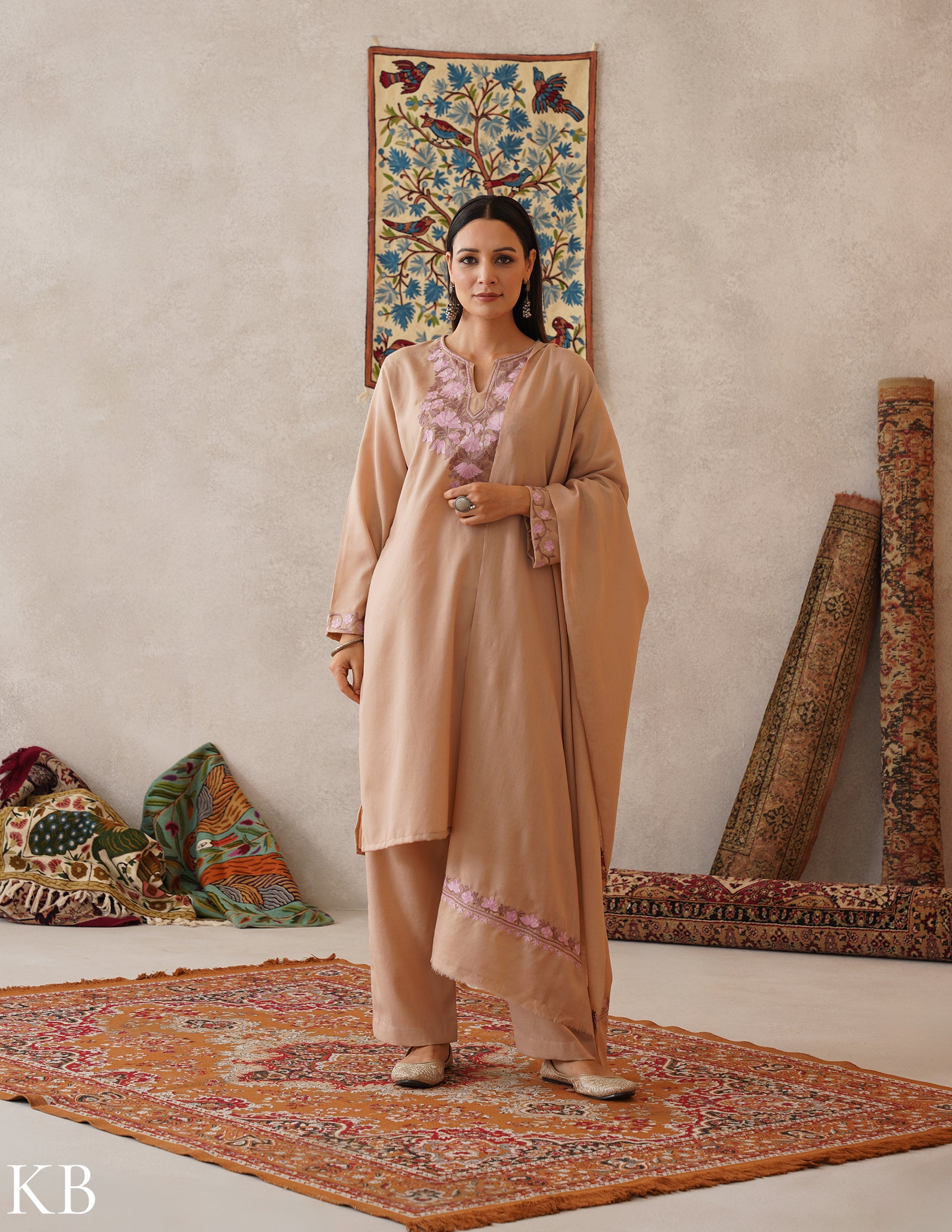 meHER Latte Brown Kashmiri Aari Woollen Co-ord Set - Kashmir Box