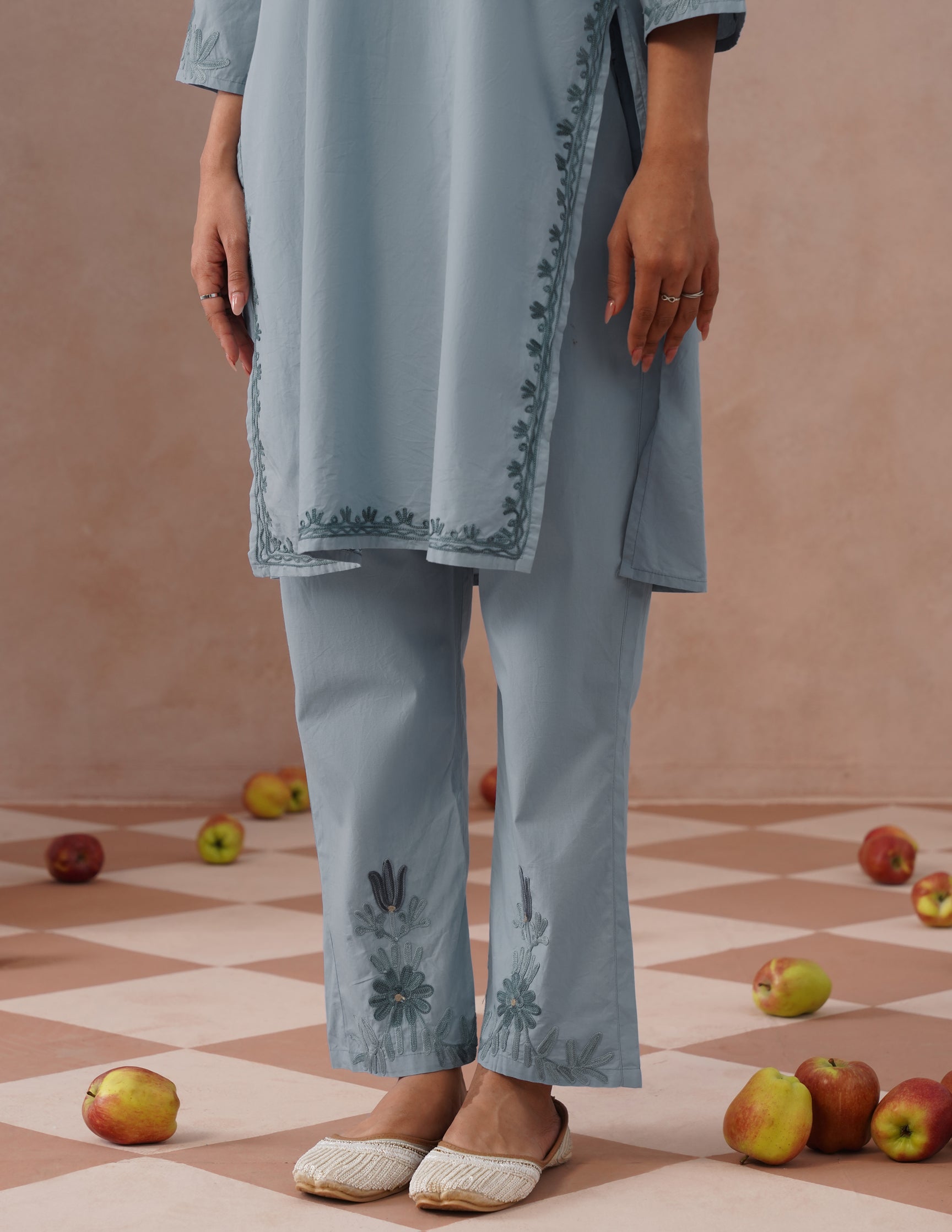 Light Blue Poplin Coordset β Grey & Green Aari Embroidery | Monochrome Ethnic Wear - Kashmir Box