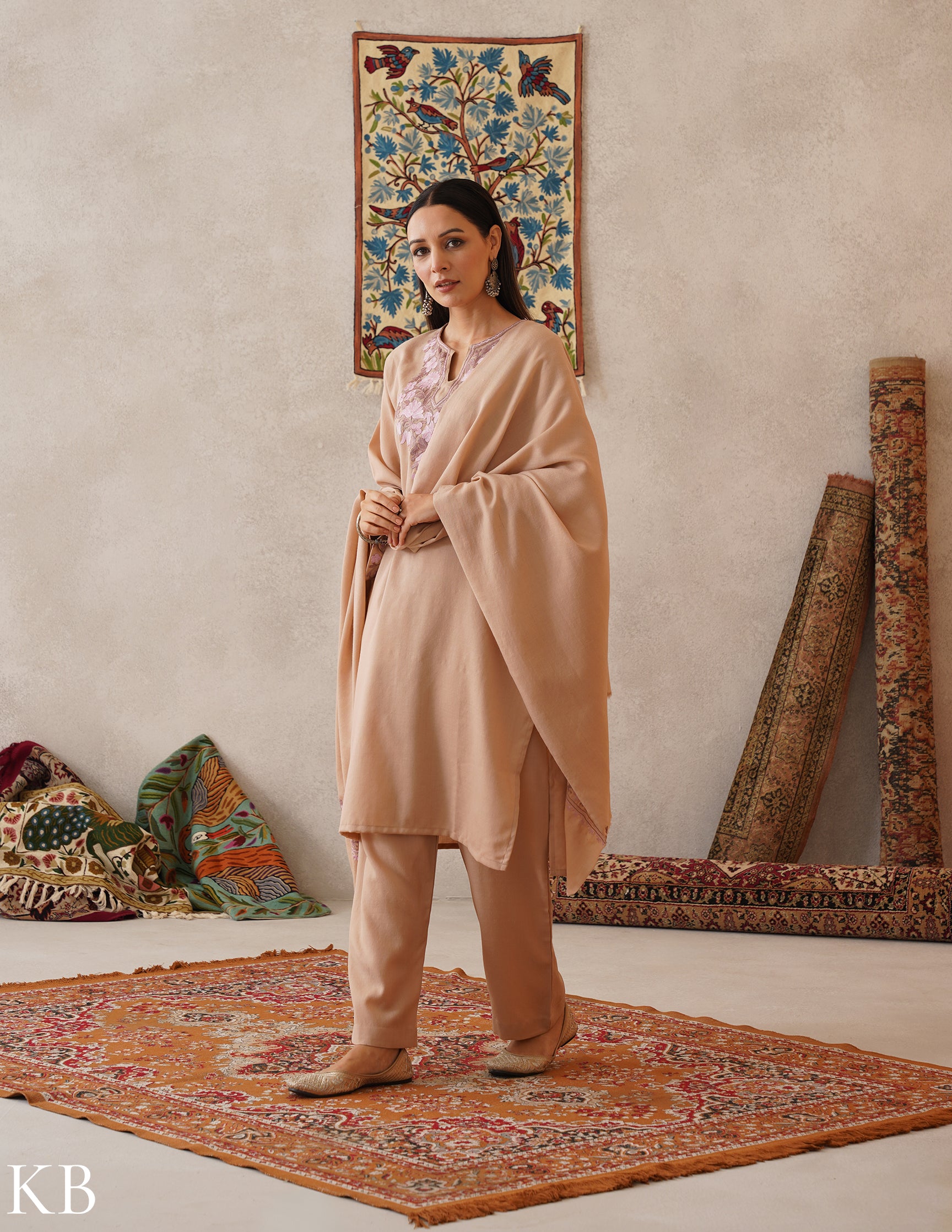 meHER Latte Brown Kashmiri Aari Woollen Co-ord Set - Kashmir Box