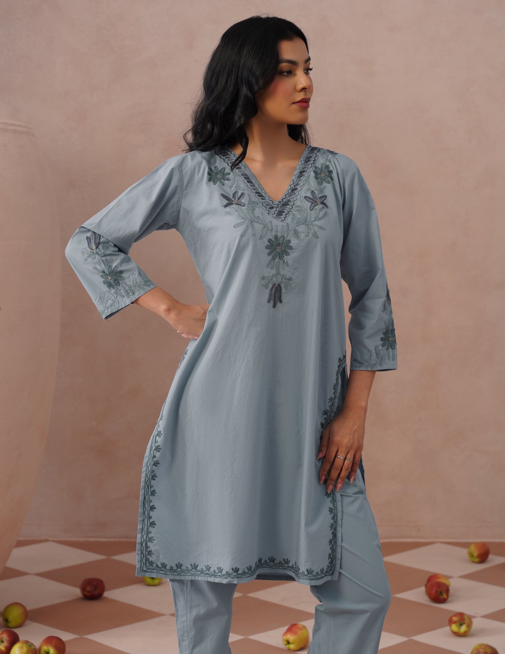 Light Blue Poplin Coordset β Grey & Green Aari Embroidery | Monochrome Ethnic Wear - Kashmir Box