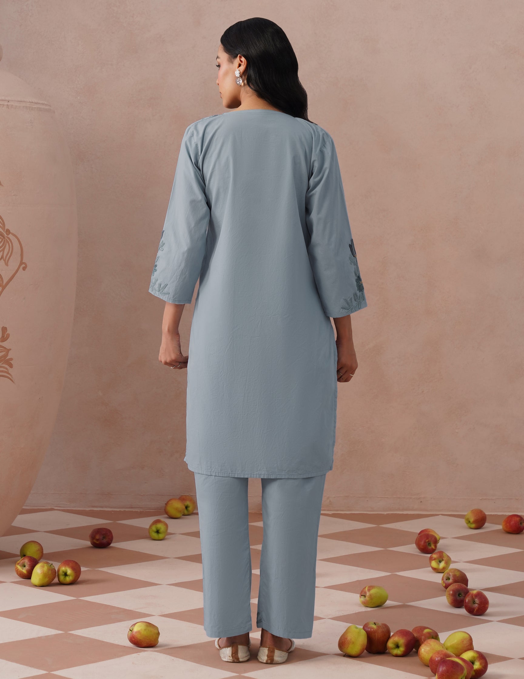Light Blue Poplin Coordset β Grey & Green Aari Embroidery | Monochrome Ethnic Wear - Kashmir Box
