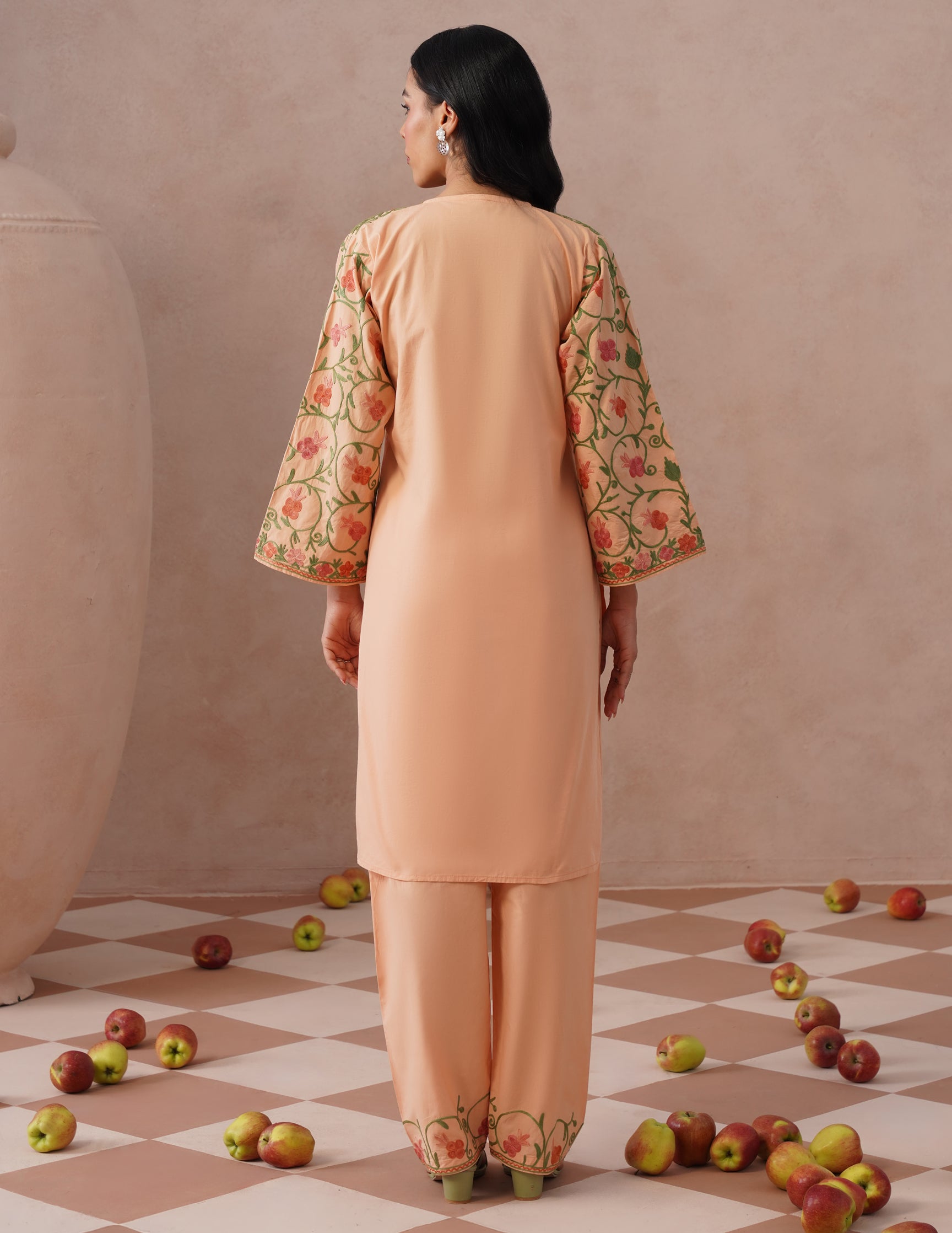 Light Peach Poplin Coordset – Pink & Green Aari Embroidery | Office & Casual Wear - Kashmir Box