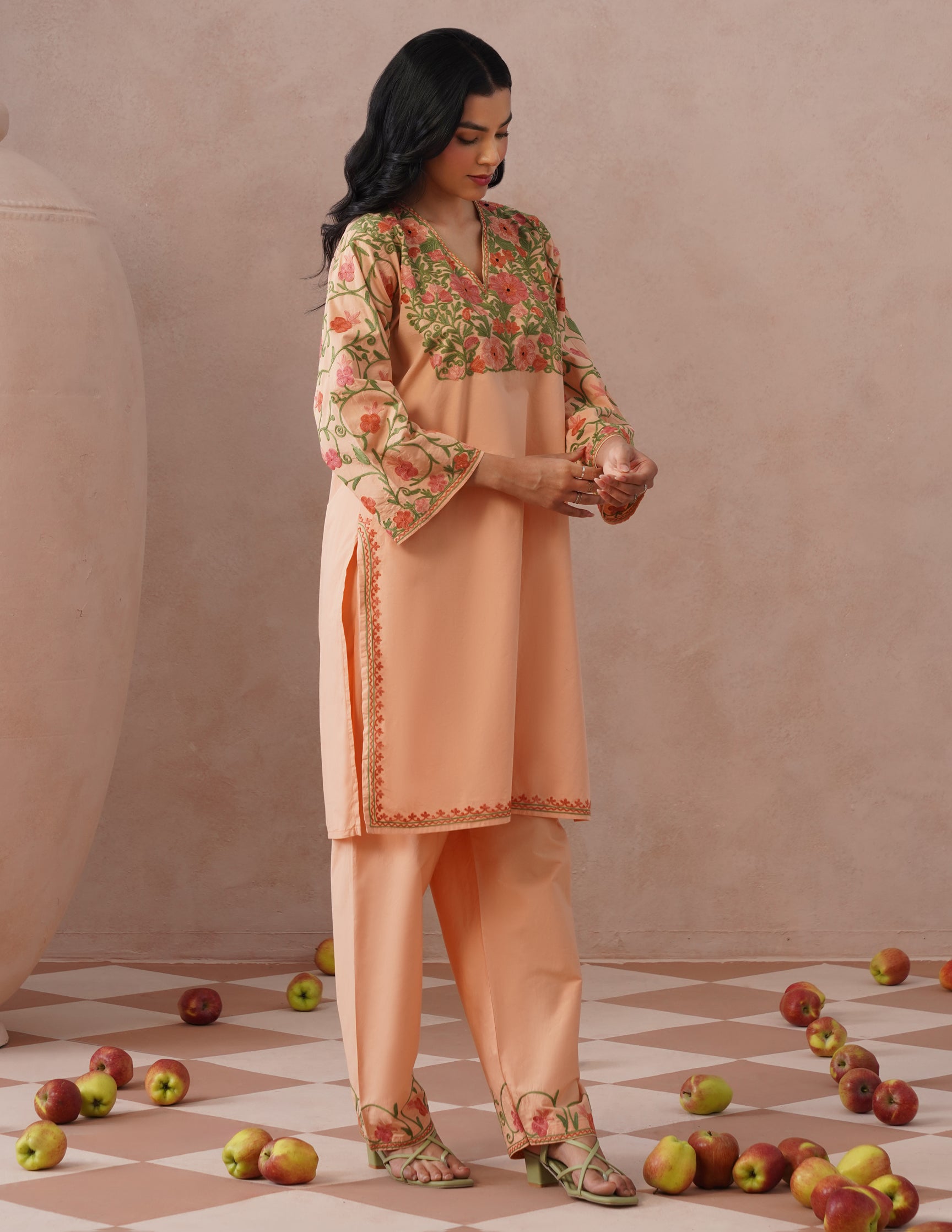 Light Peach Poplin Coordset – Pink & Green Aari Embroidery | Office & Casual Wear - Kashmir Box